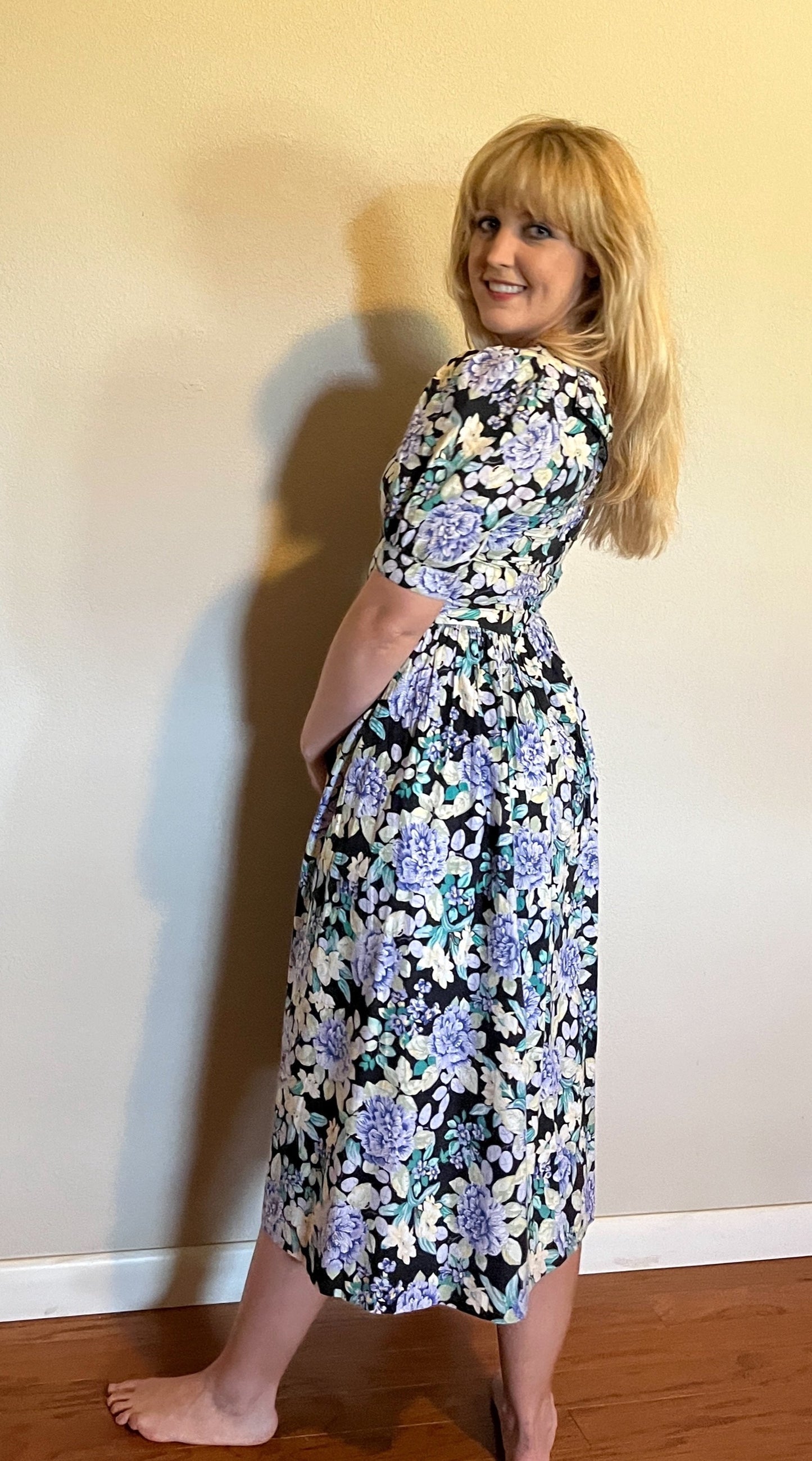 Vintage 1980's "Laura Ashley" Blue, Yellow, & Black Floral Dress