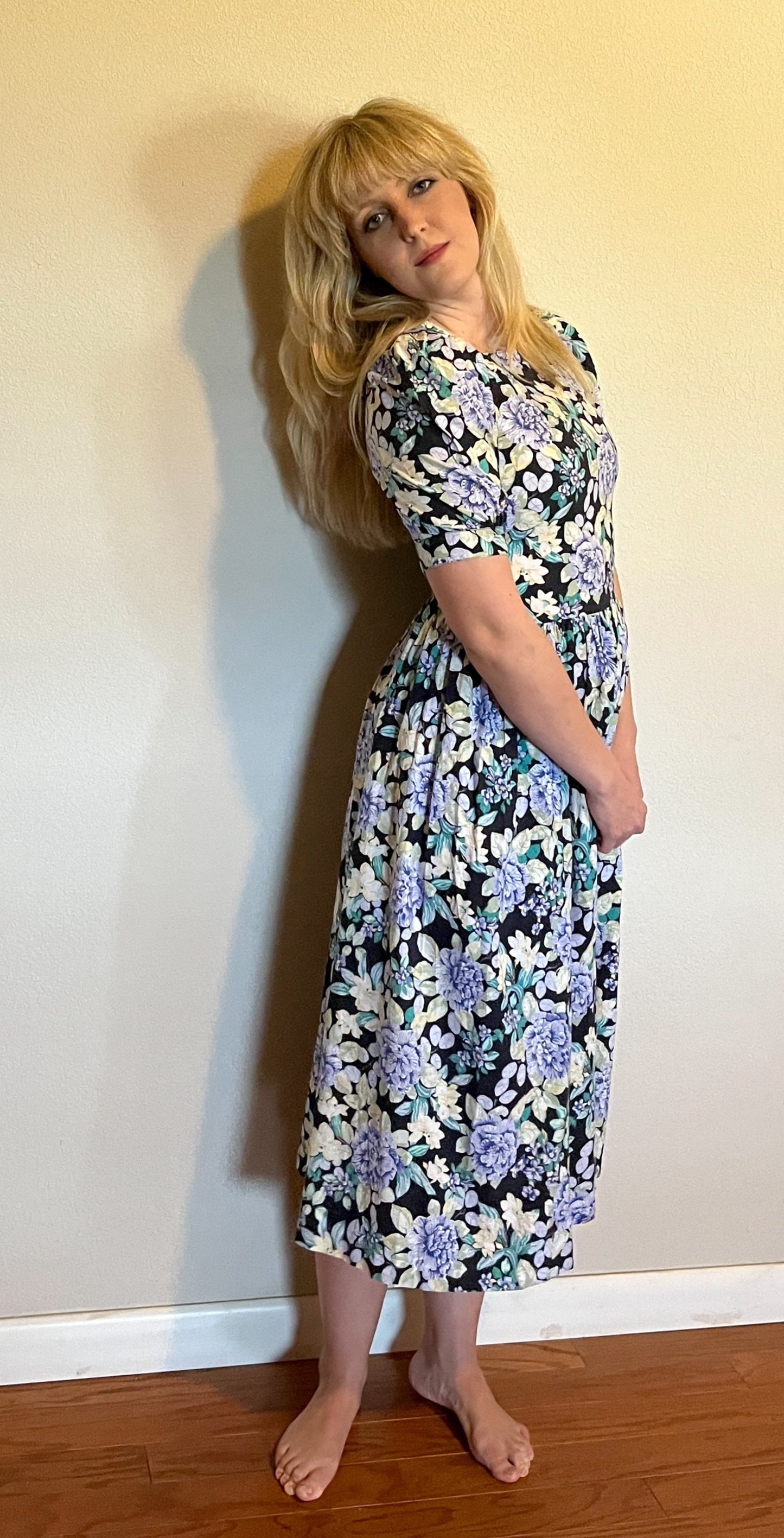 Vintage 1980's "Laura Ashley" Blue, Yellow, & Black Floral Dress