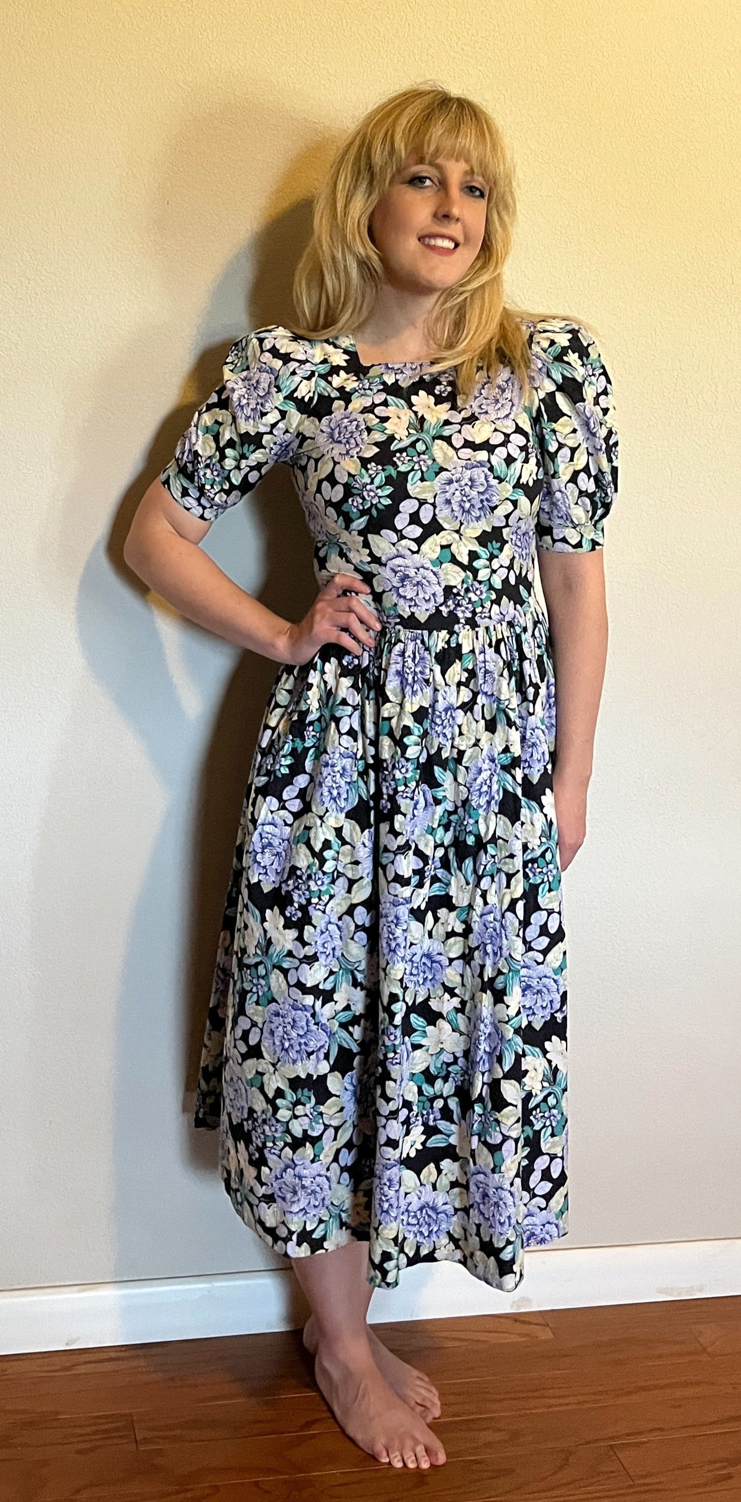 Vintage 1980's "Laura Ashley" Blue, Yellow, & Black Floral Dress