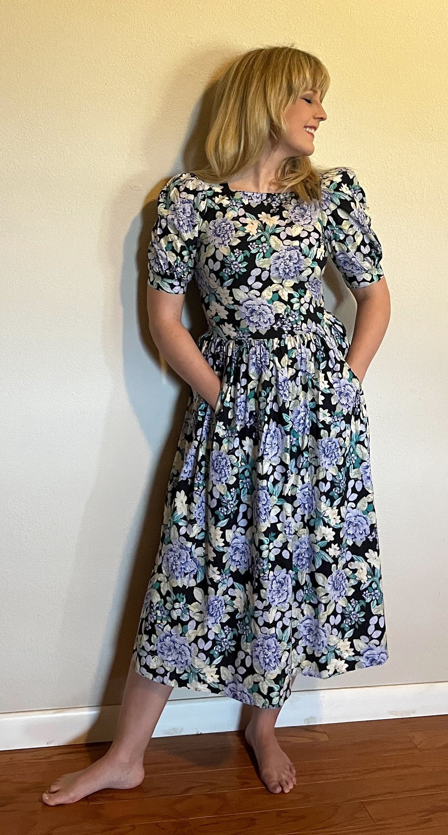 Vintage 1980's "Laura Ashley" Blue, Yellow, & Black Floral Dress