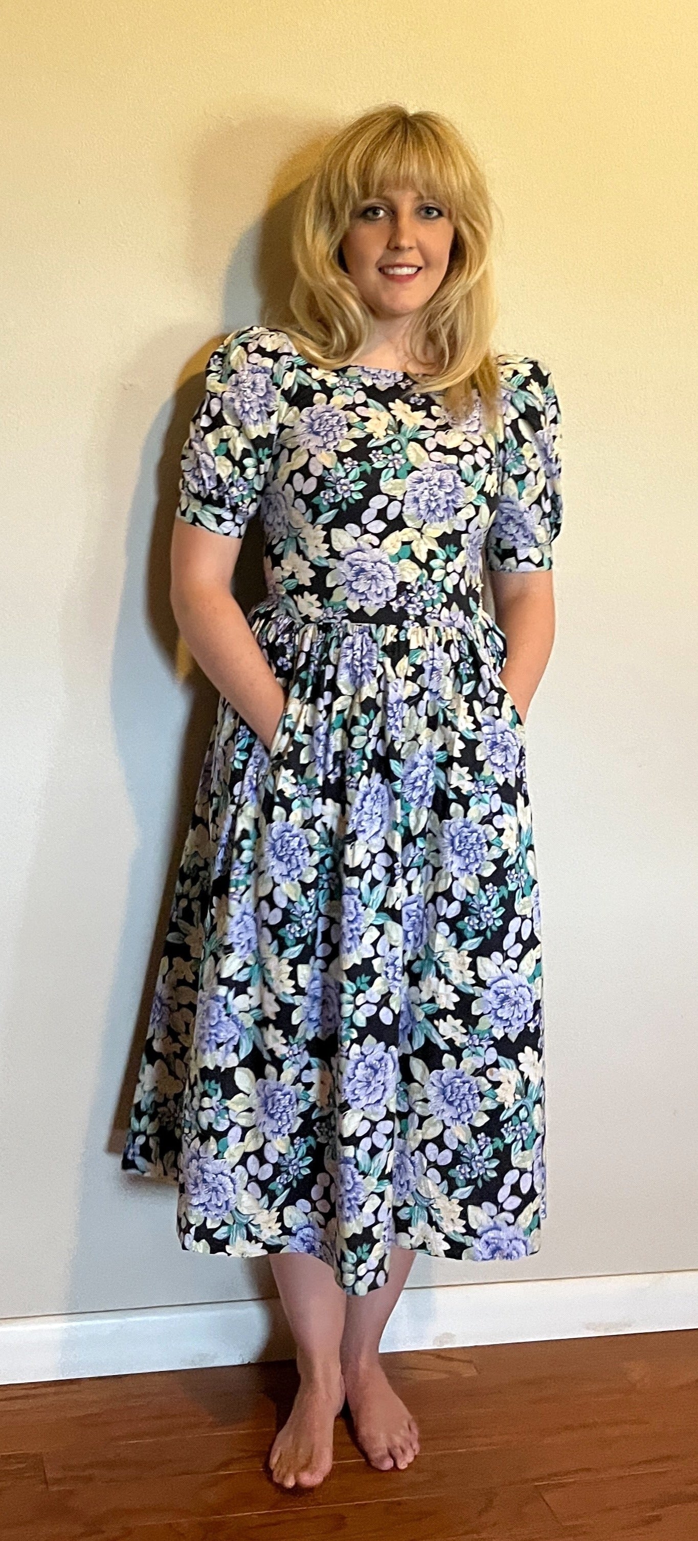 Vintage 1980's "Laura Ashley" Blue, Yellow, & Black Floral Dress