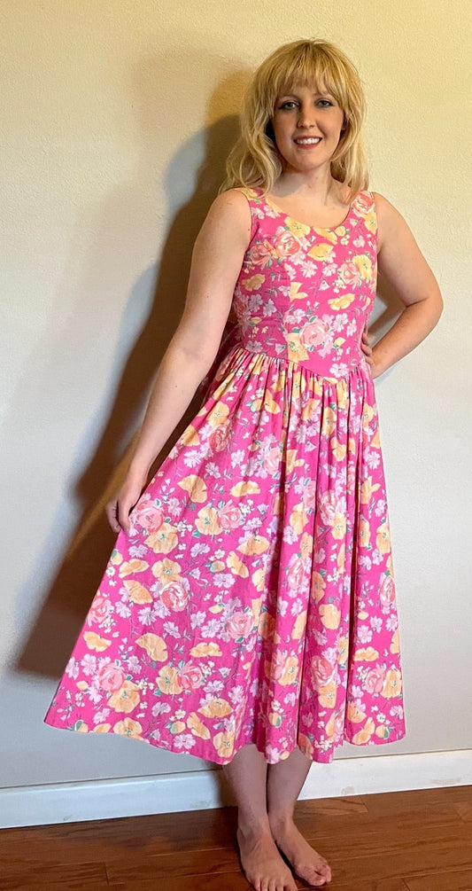 Vintage 1980's "Laura Ashley" Pink & Yellow Floral Dress (Altered)