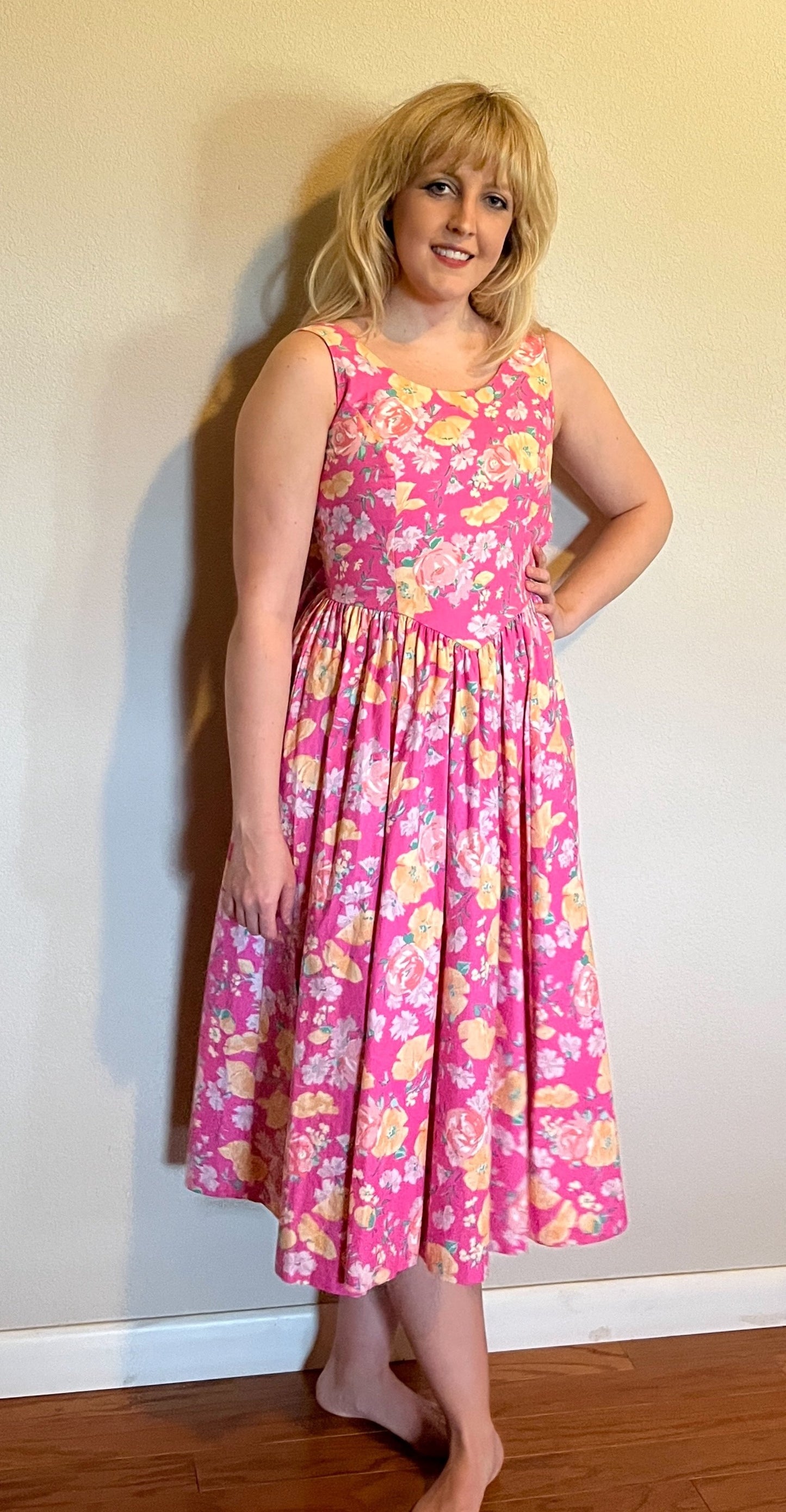 Vintage 1980's "Laura Ashley" Pink & Yellow Floral Dress (Altered)