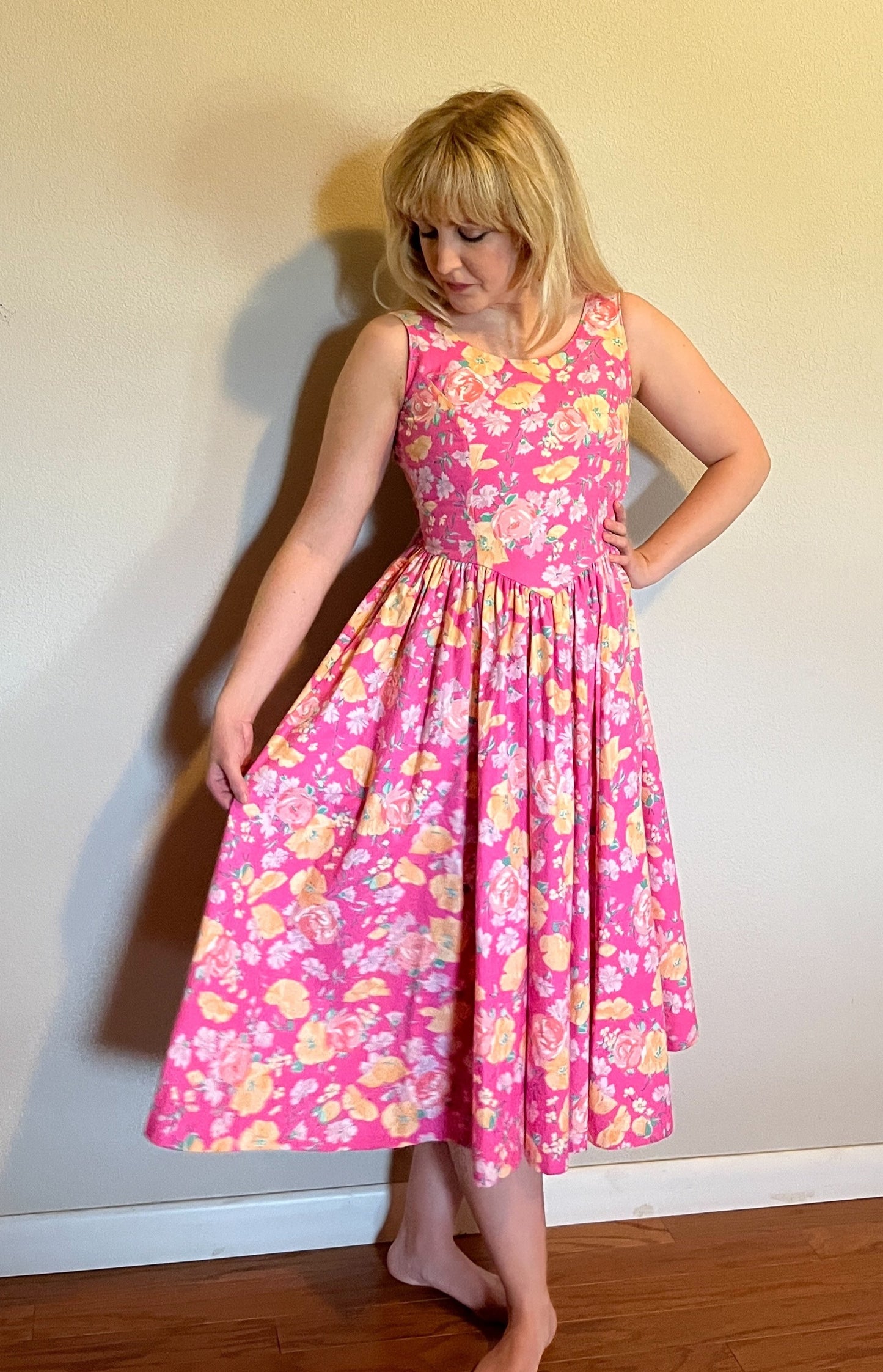 Vintage 1980's "Laura Ashley" Pink & Yellow Floral Dress (Altered)