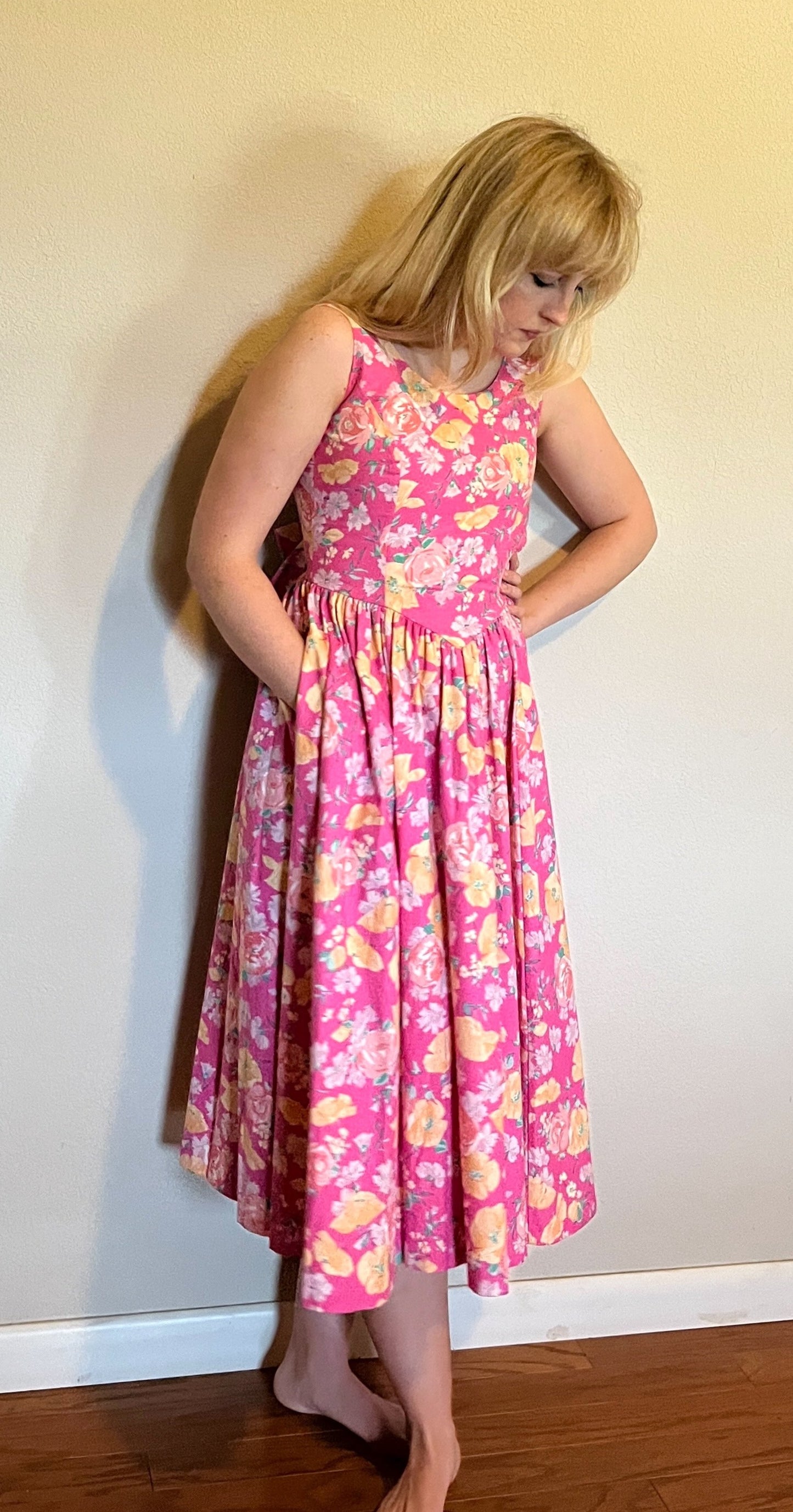 Vintage 1980's "Laura Ashley" Pink & Yellow Floral Dress (Altered)