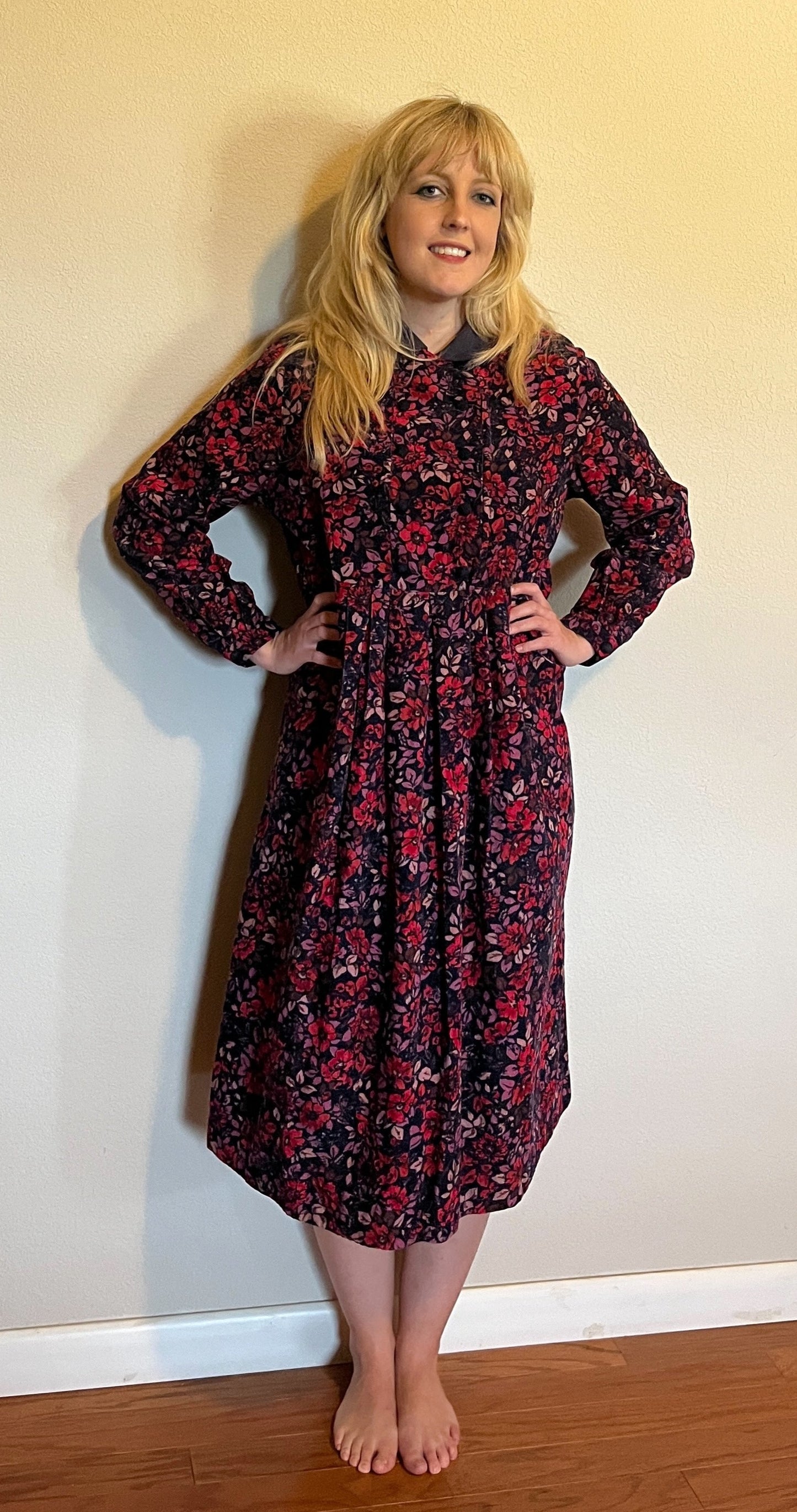 Vintage 1980's "Laura Ashley" Red, Pink, & Purple Collared Long Sleeve Dress