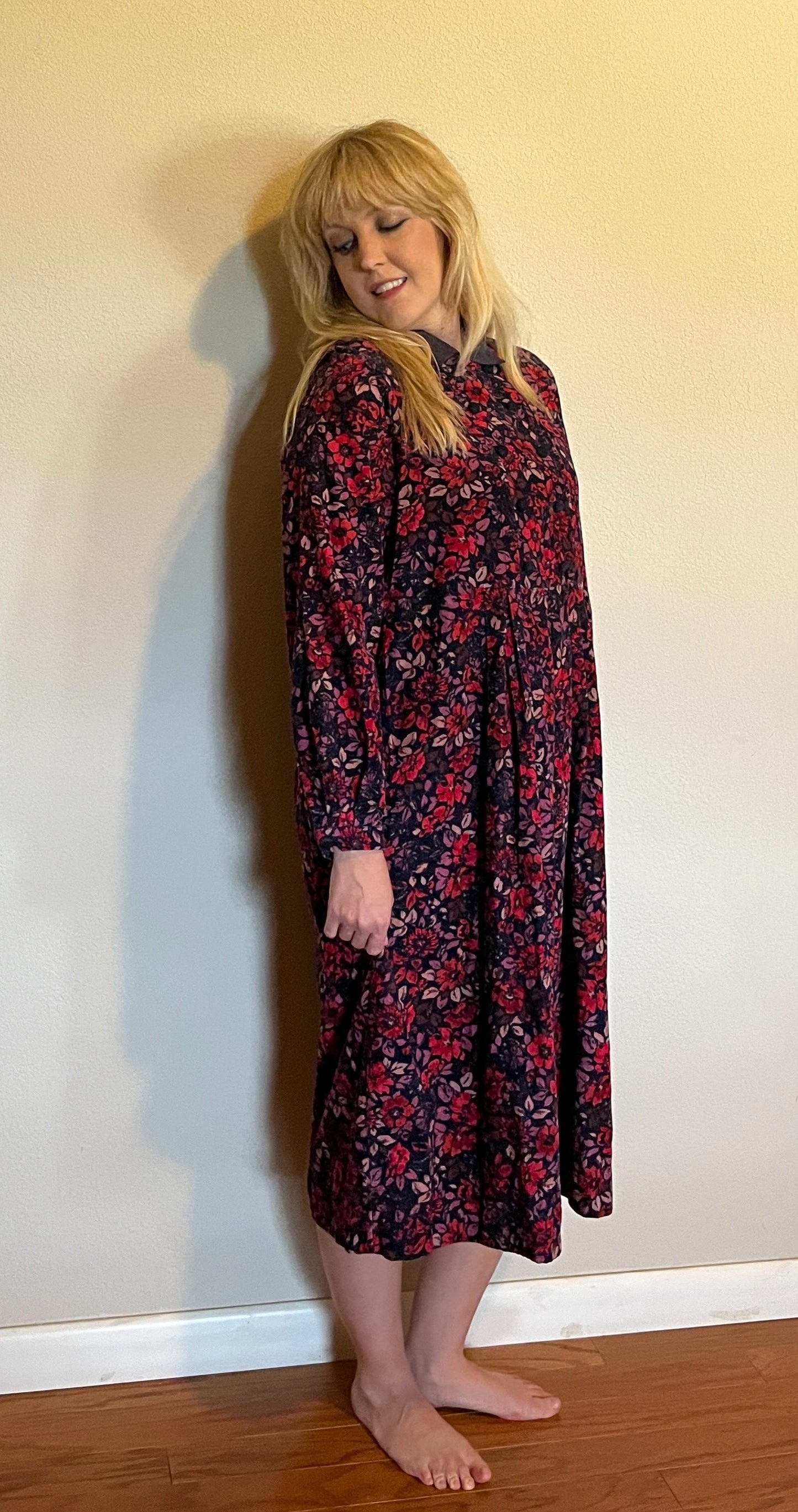 Vintage 1980's "Laura Ashley" Red, Pink, & Purple Collared Long Sleeve Dress