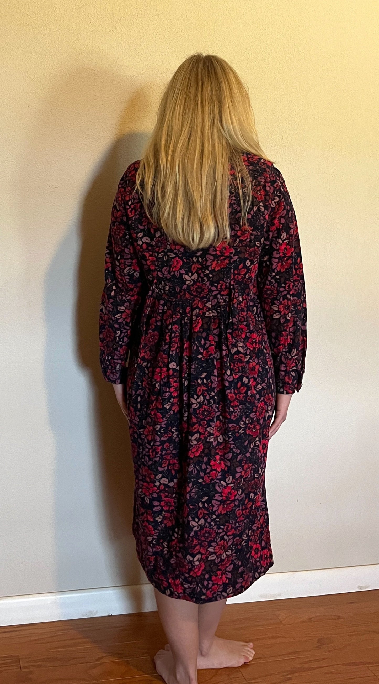 Vintage 1980's "Laura Ashley" Red, Pink, & Purple Collared Long Sleeve Dress