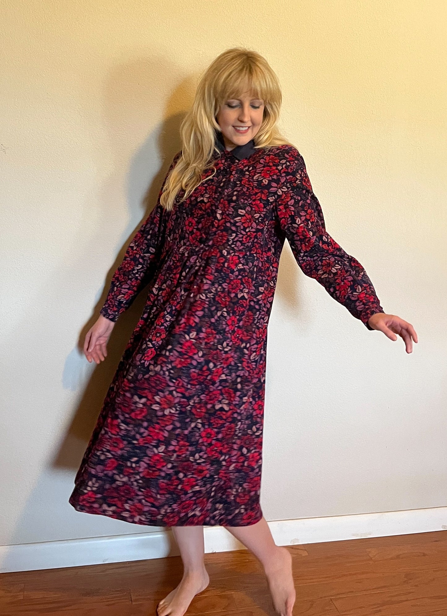 Vintage 1980's "Laura Ashley" Red, Pink, & Purple Collared Long Sleeve Dress