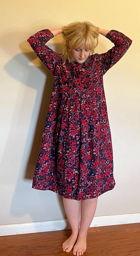 Vintage 1980's "Laura Ashley" Red, Pink, & Purple Collared Long Sleeve Dress