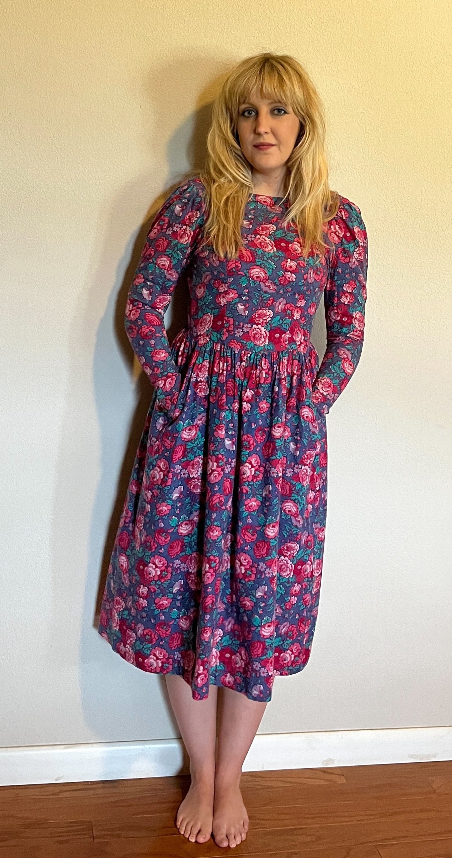 Vintage 1980's "Laura Ashley" Pink & Red Floral Long Sleeve Dress