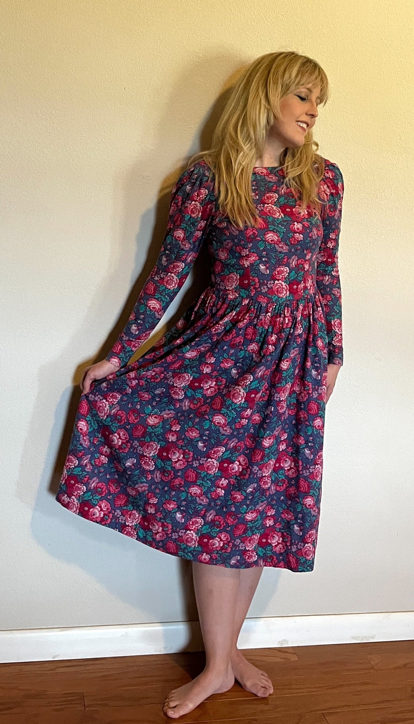 Vintage 1980's "Laura Ashley" Pink & Red Floral Long Sleeve Dress