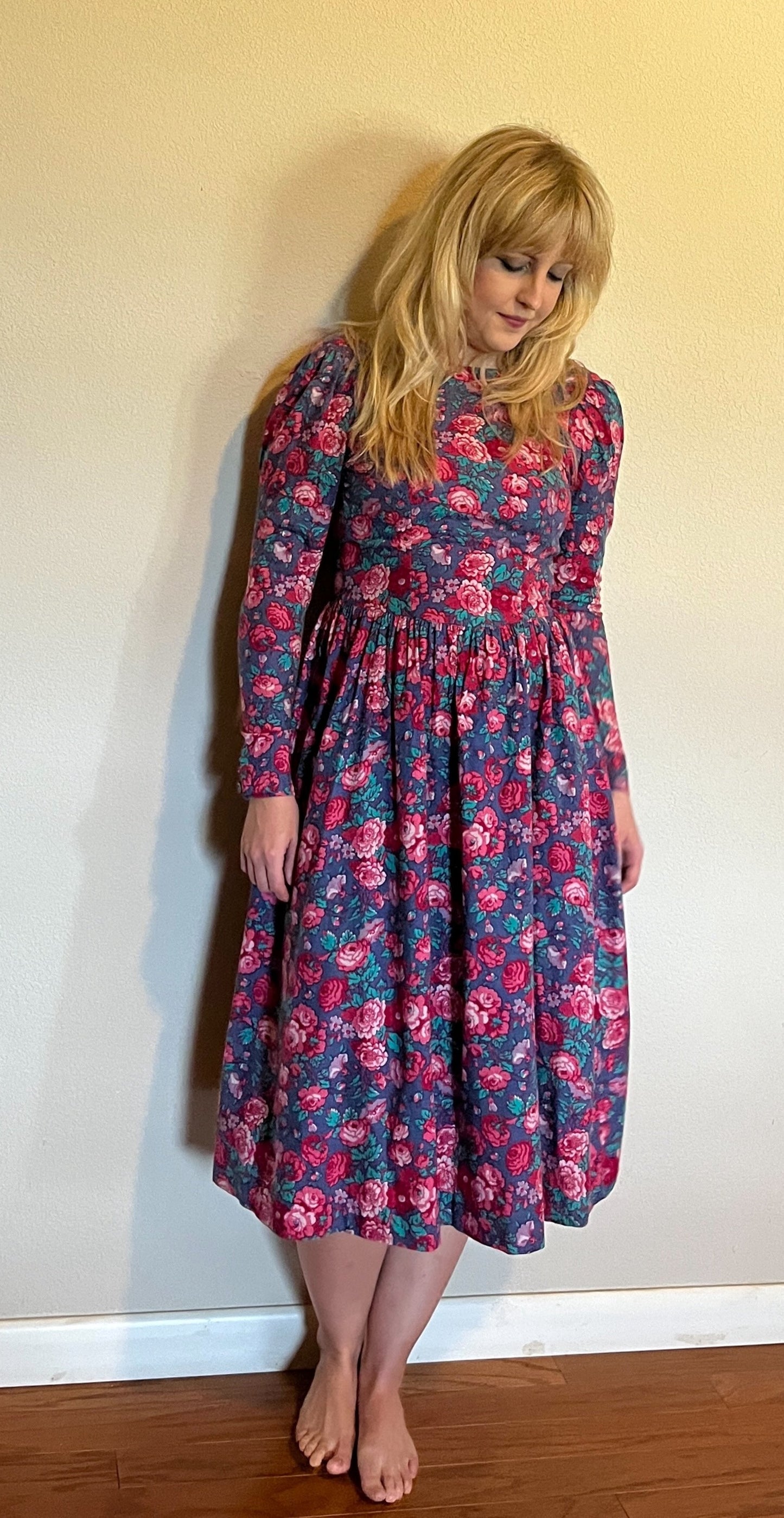 Vintage 1980's "Laura Ashley" Pink & Red Floral Long Sleeve Dress