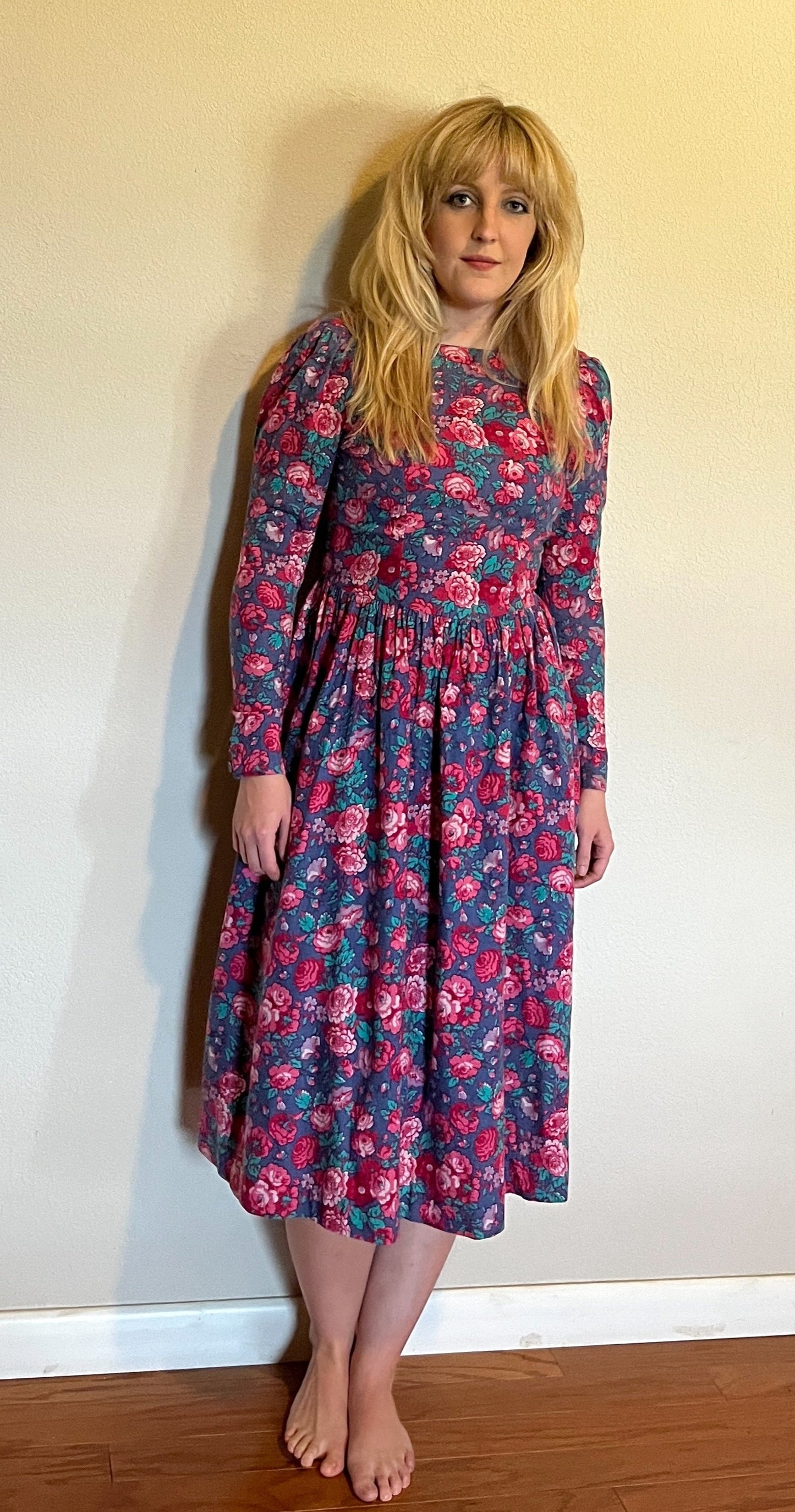 Vintage 1980's "Laura Ashley" Pink & Red Floral Long Sleeve Dress