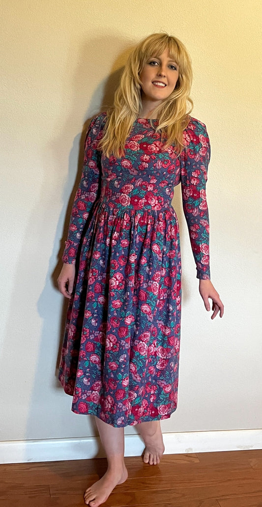 Vintage 1980's "Laura Ashley" Pink & Red Floral Long Sleeve Dress