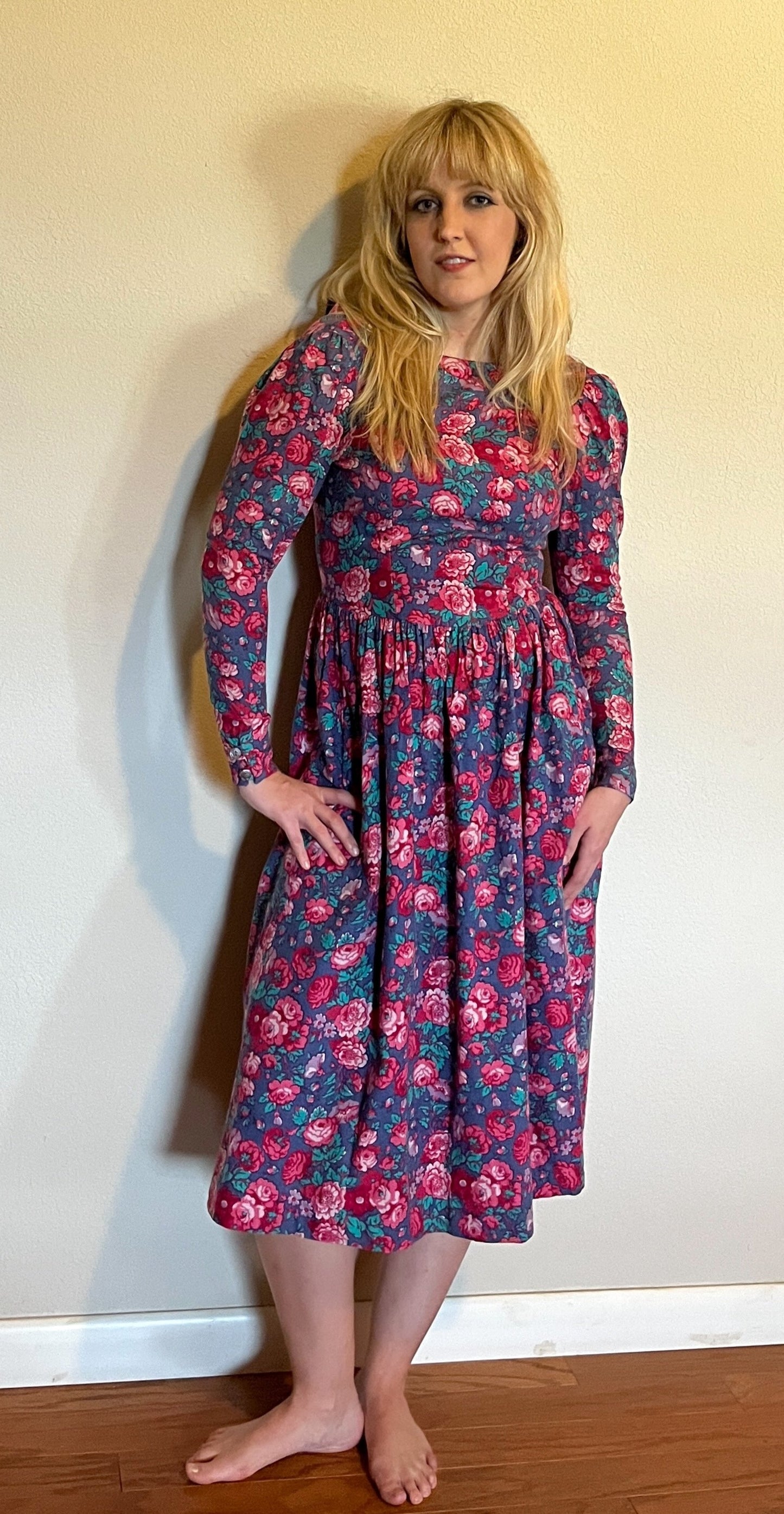 Vintage 1980's "Laura Ashley" Pink & Red Floral Long Sleeve Dress