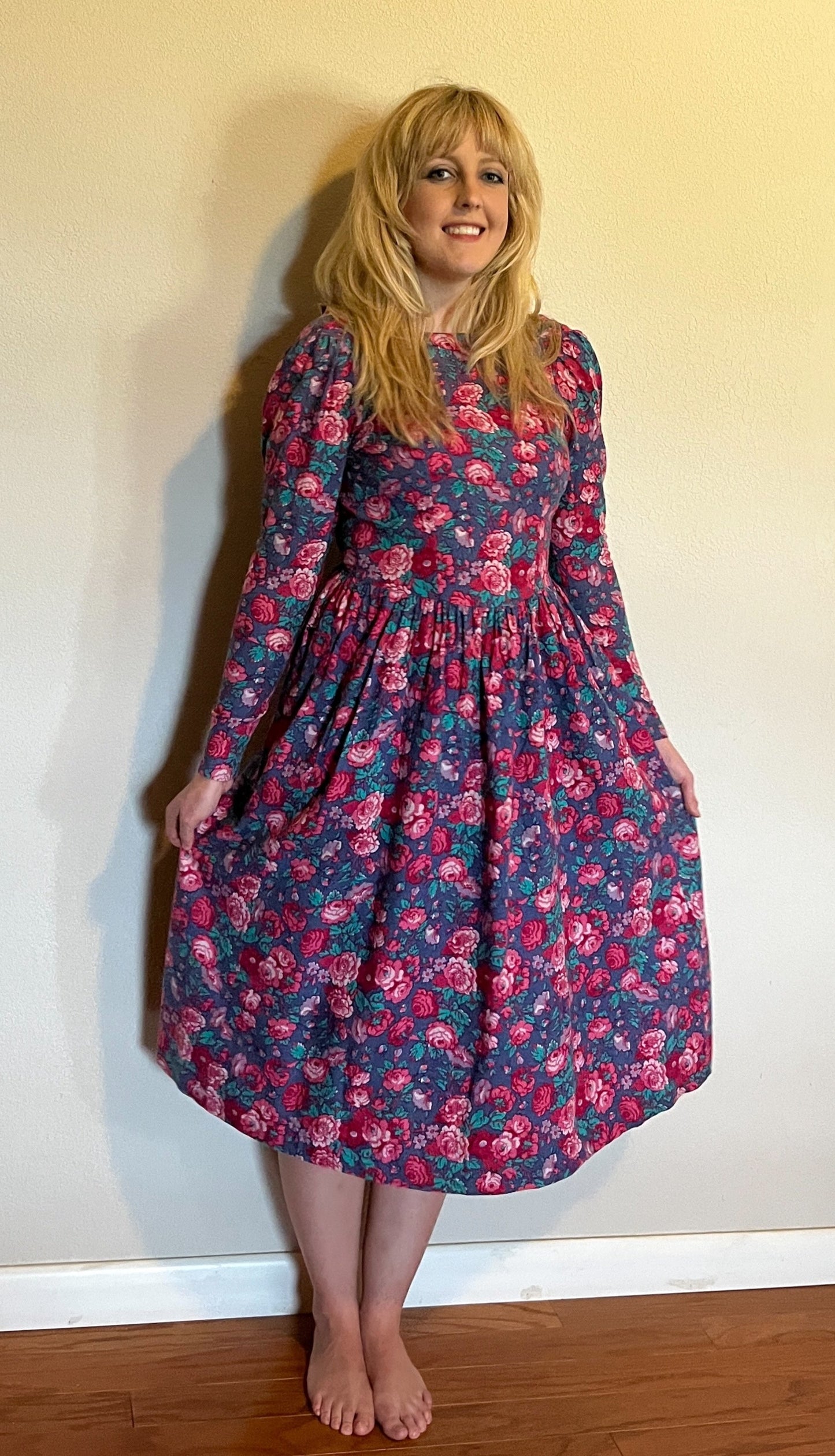 Vintage 1980's "Laura Ashley" Pink & Red Floral Long Sleeve Dress