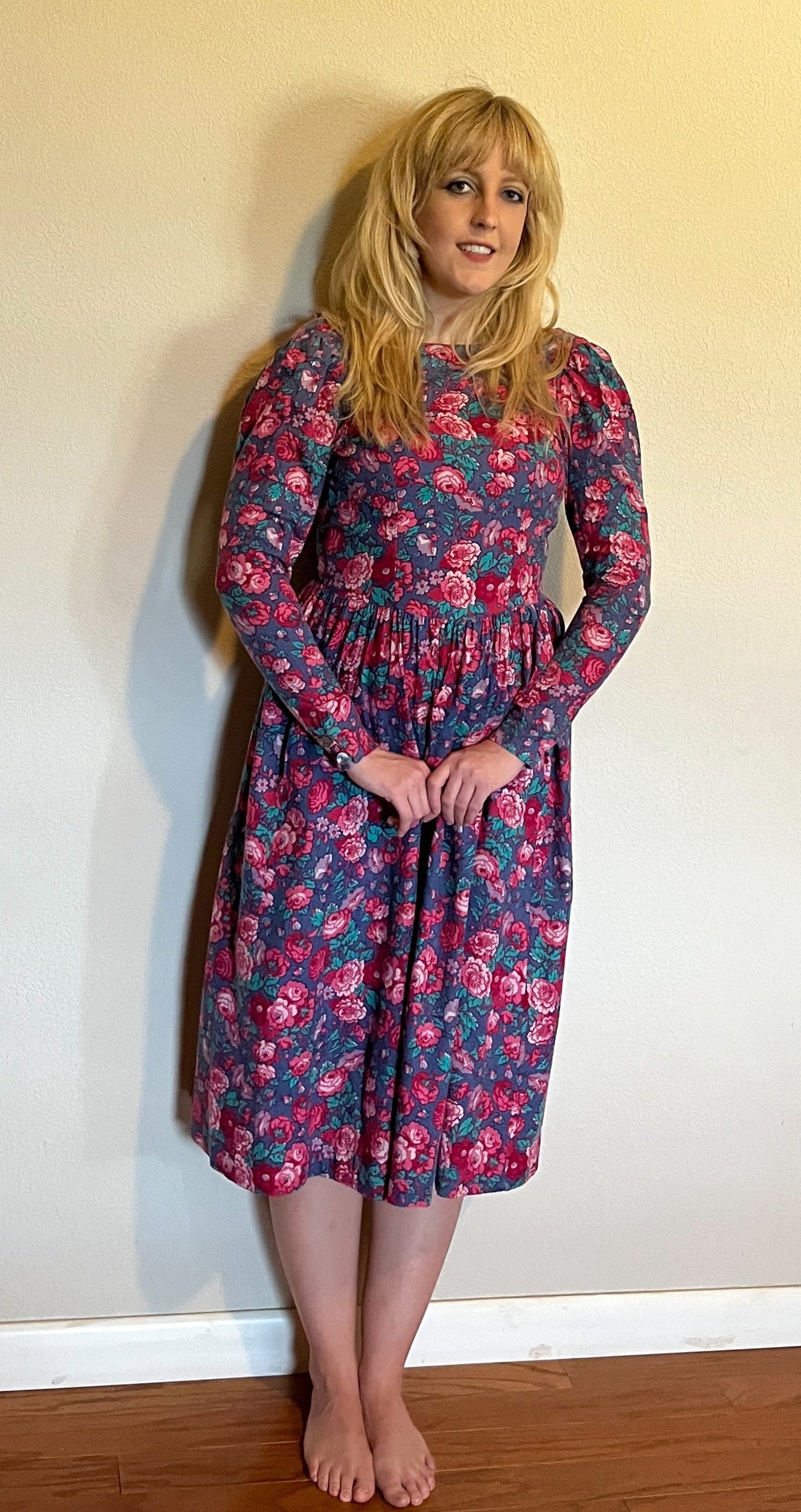 Vintage 1980's "Laura Ashley" Pink & Red Floral Long Sleeve Dress