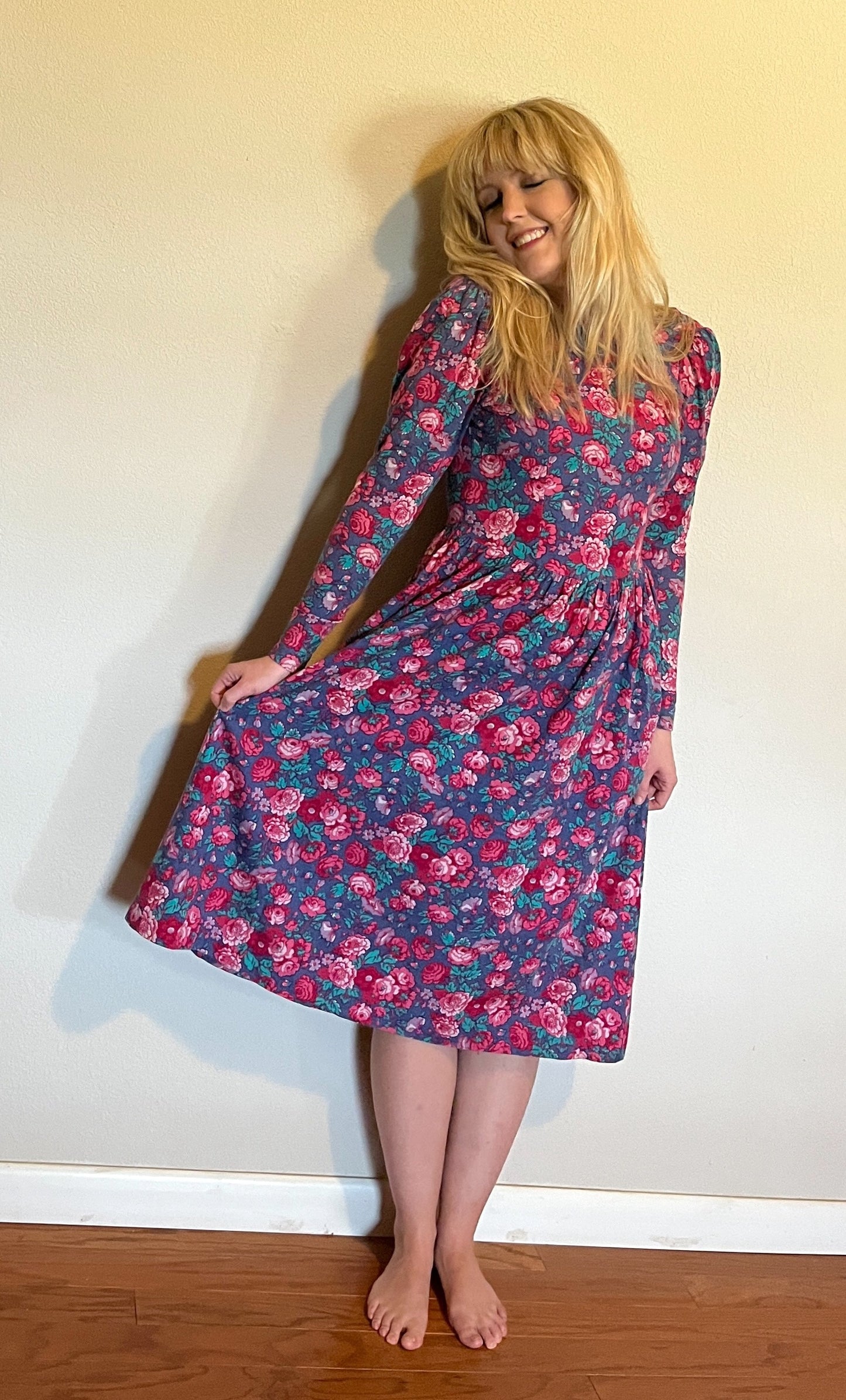 Vintage 1980's "Laura Ashley" Pink & Red Floral Long Sleeve Dress