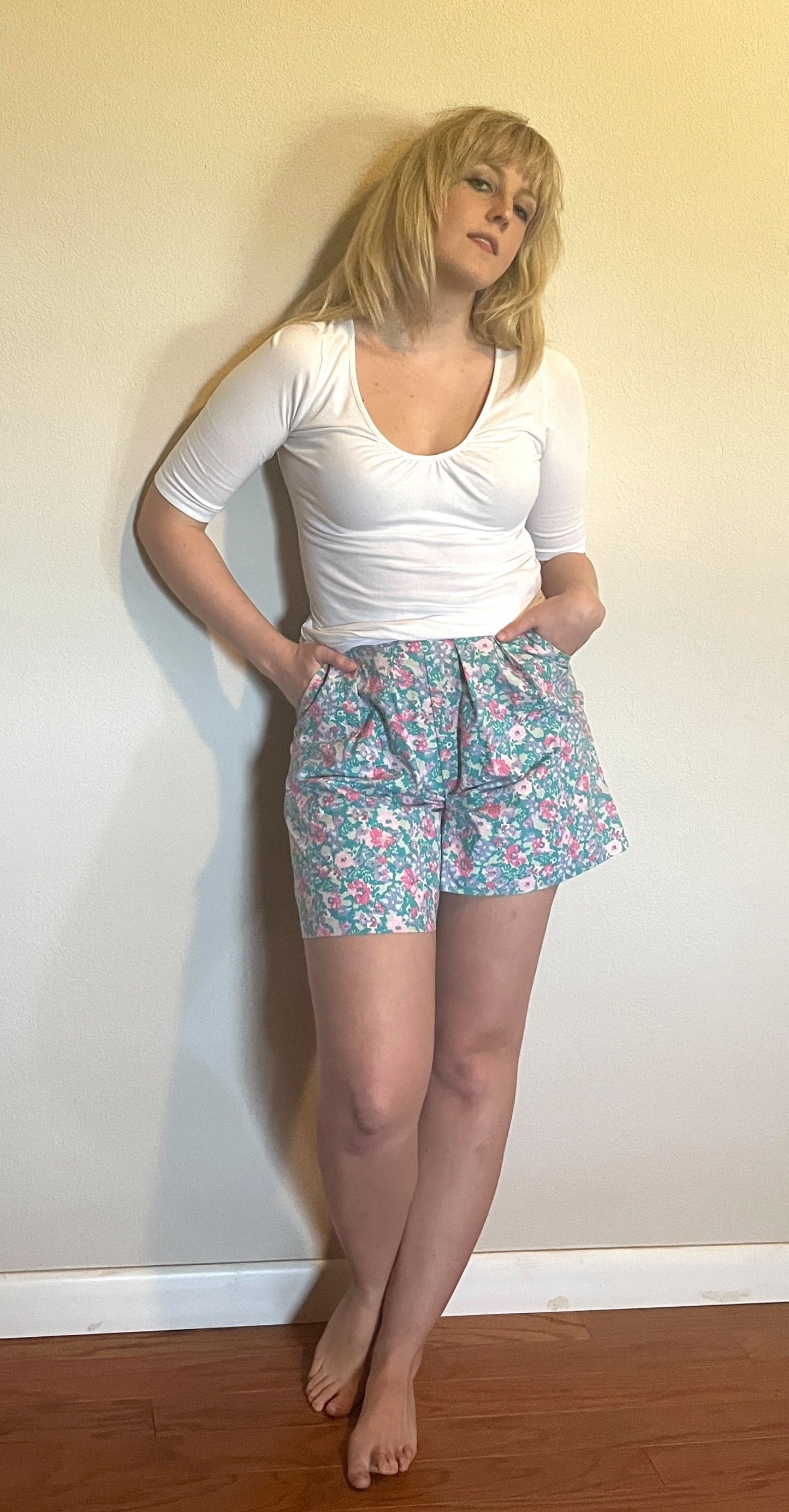 Vintage 1980's "Laura Ashley" Turquoise & Pink Floral Shorts