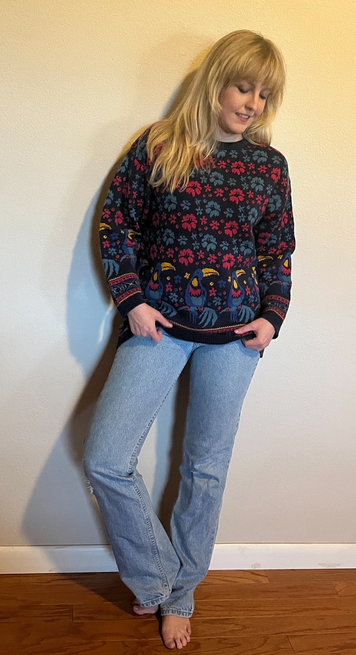 Vintage 1990's "Laura Ashley" Toucan-Print Blue Sweater