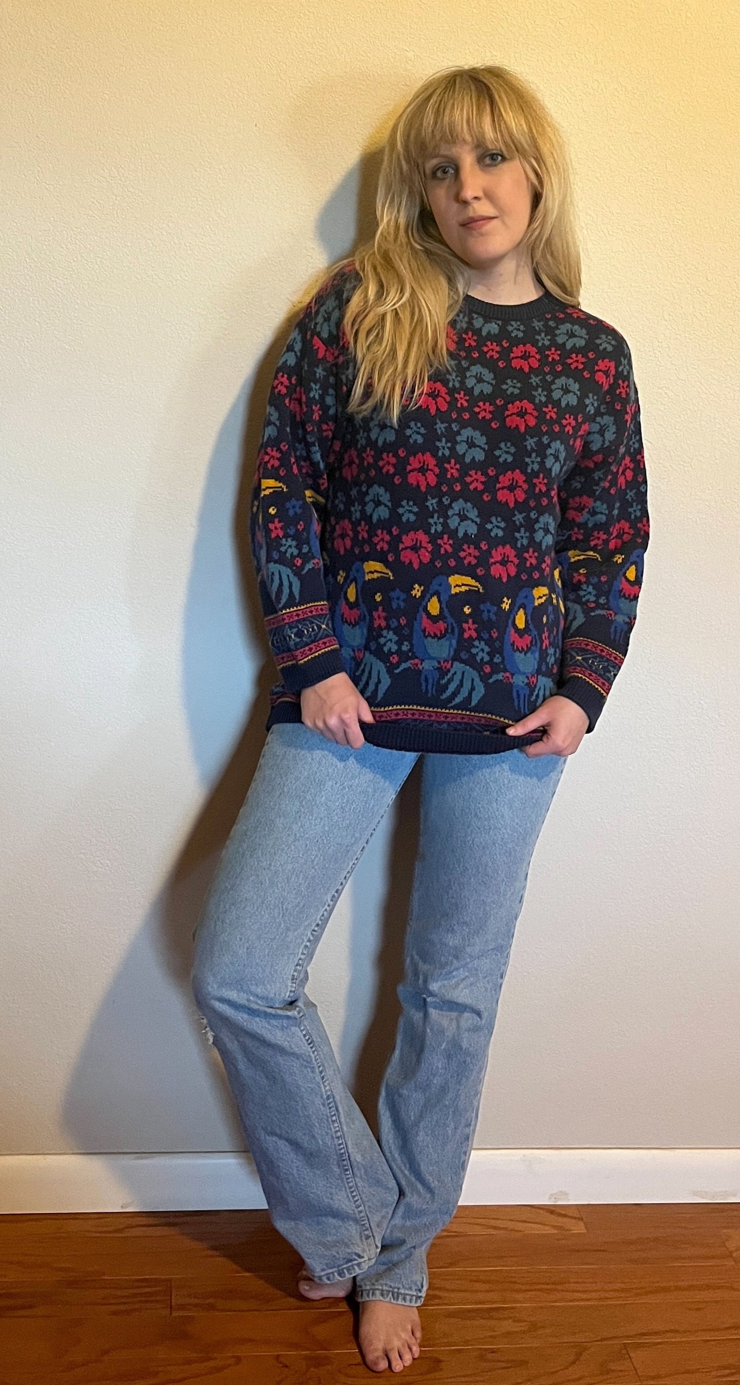 Vintage 1990's "Laura Ashley" Toucan-Print Blue Sweater