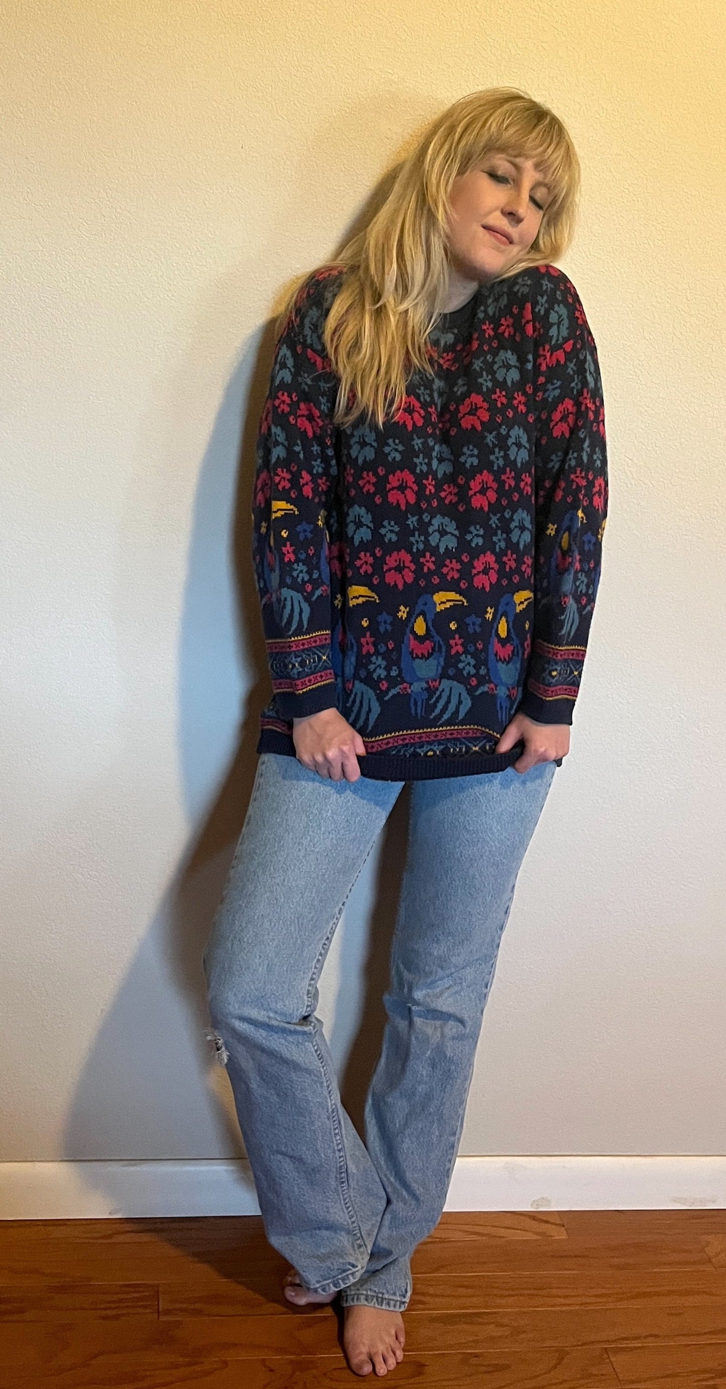 Vintage 1990's "Laura Ashley" Toucan-Print Blue Sweater