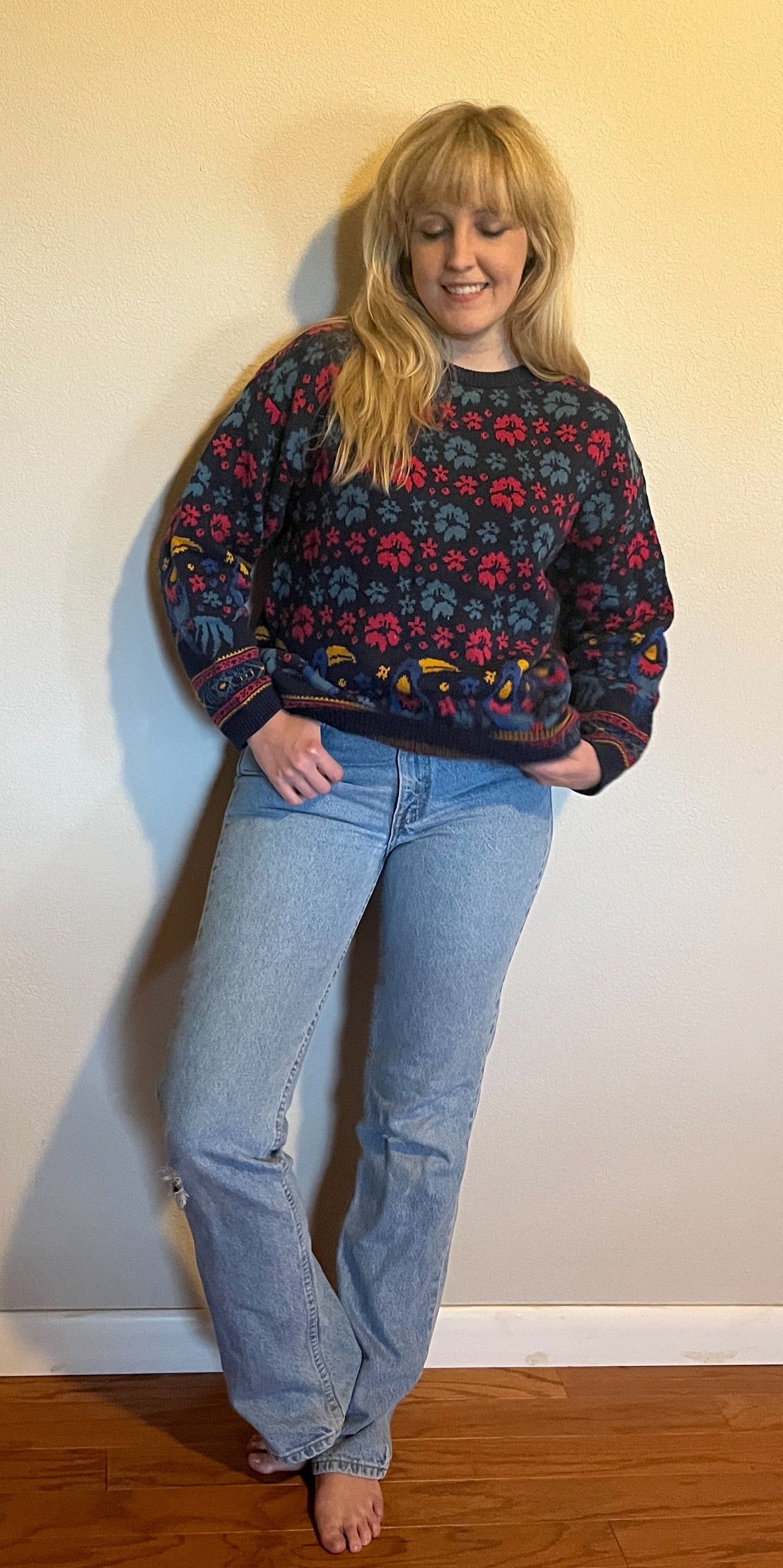 Vintage 1990's "Laura Ashley" Toucan-Print Blue Sweater