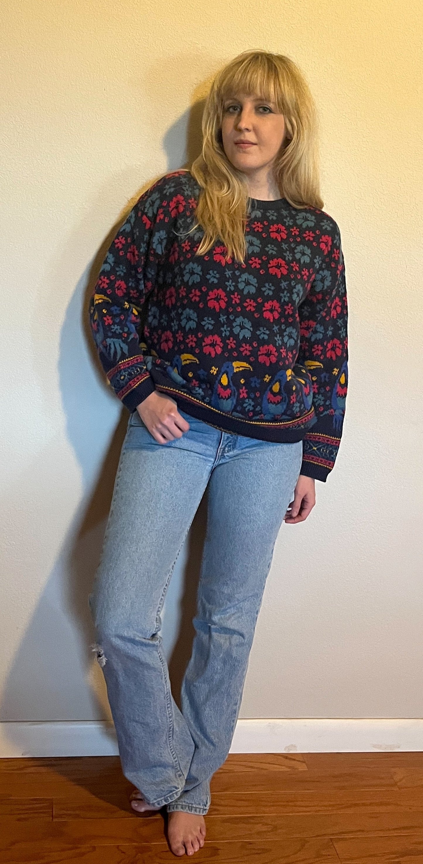 Vintage 1990's "Laura Ashley" Toucan-Print Blue Sweater