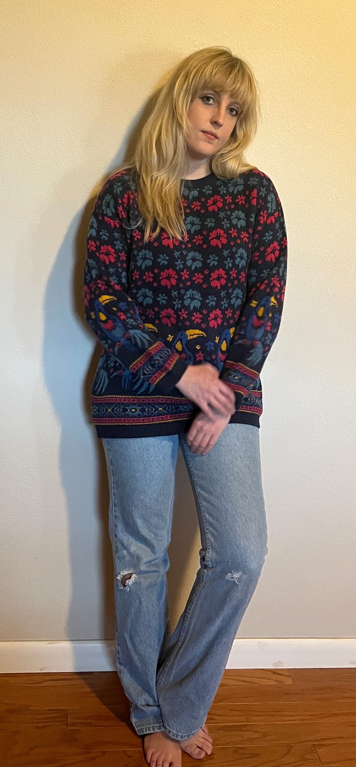 Vintage 1990's "Laura Ashley" Toucan-Print Blue Sweater