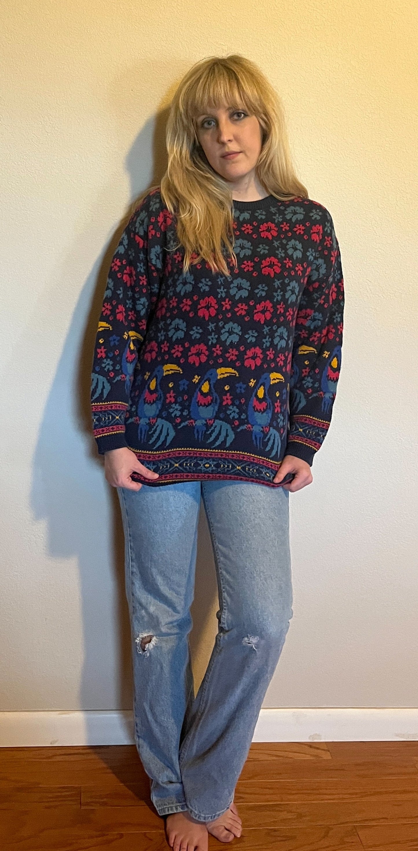 Vintage 1990's "Laura Ashley" Toucan-Print Blue Sweater
