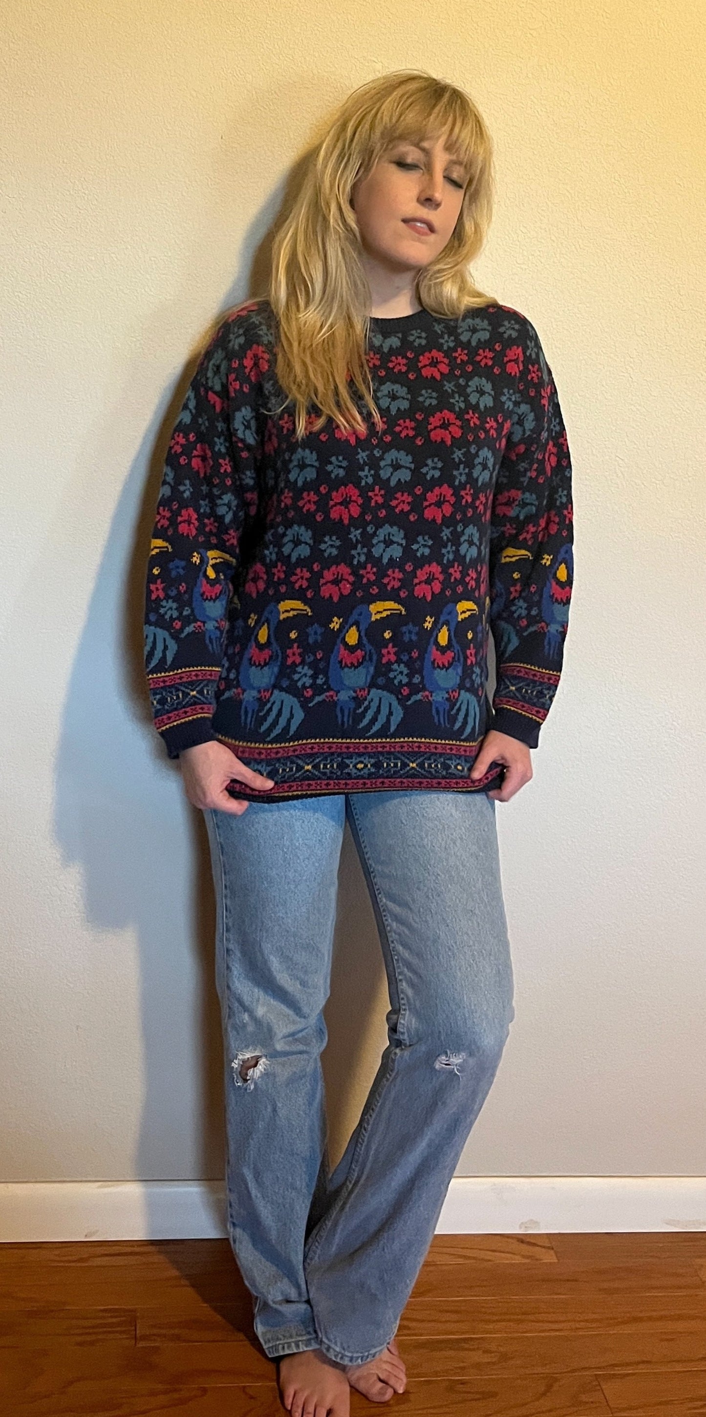 Vintage 1990's "Laura Ashley" Toucan-Print Blue Sweater