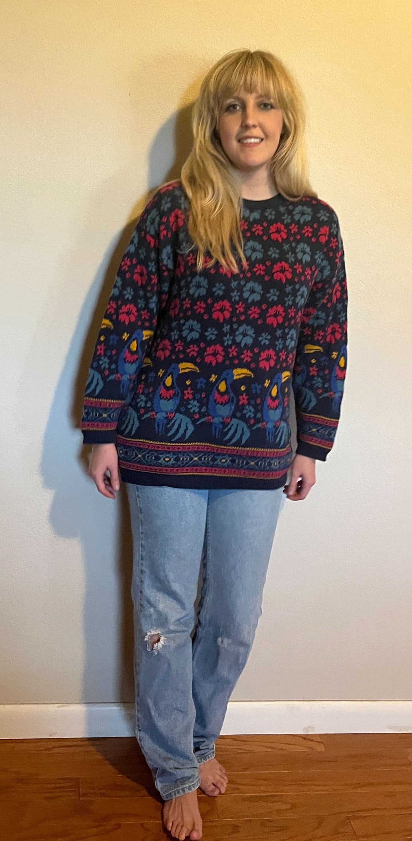 Vintage 1990's "Laura Ashley" Toucan-Print Blue Sweater