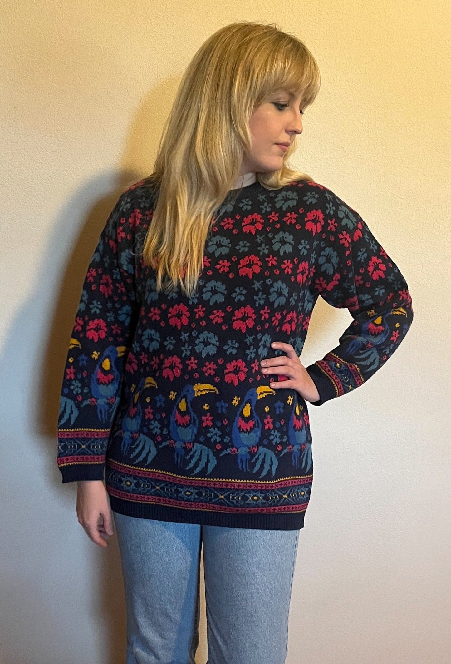 Vintage 1990's "Laura Ashley" Toucan-Print Blue Sweater