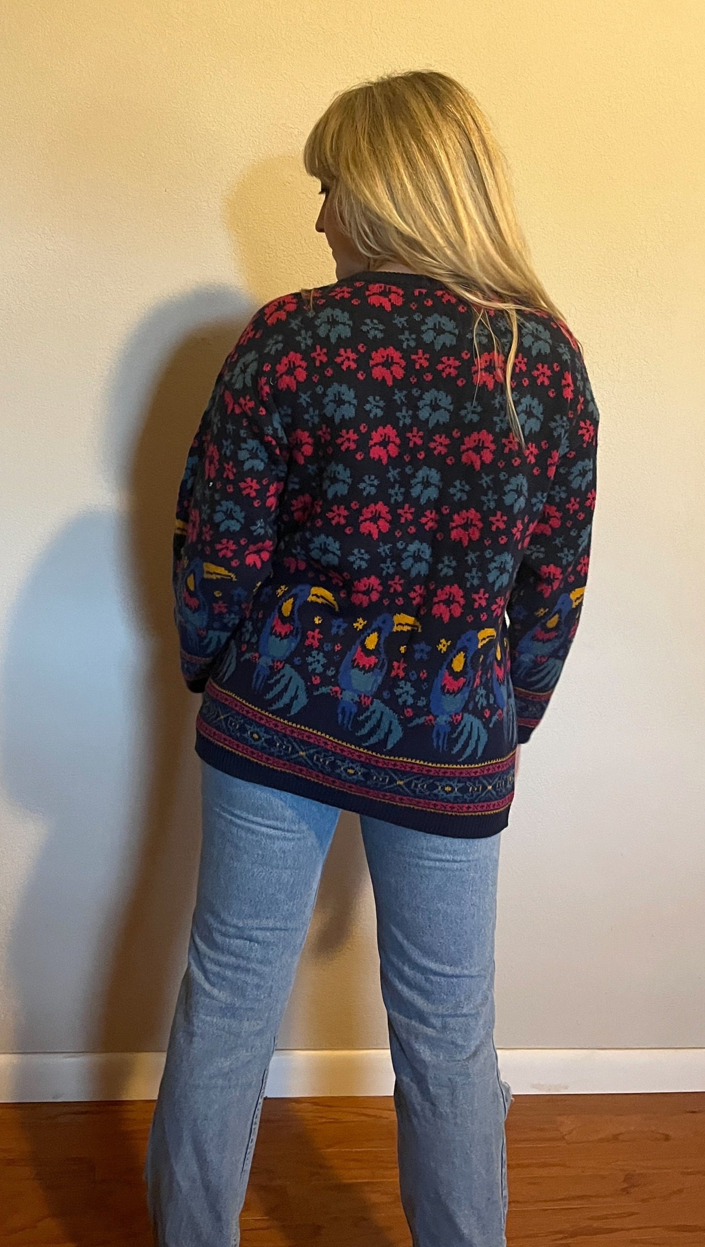 Vintage 1990's "Laura Ashley" Toucan-Print Blue Sweater