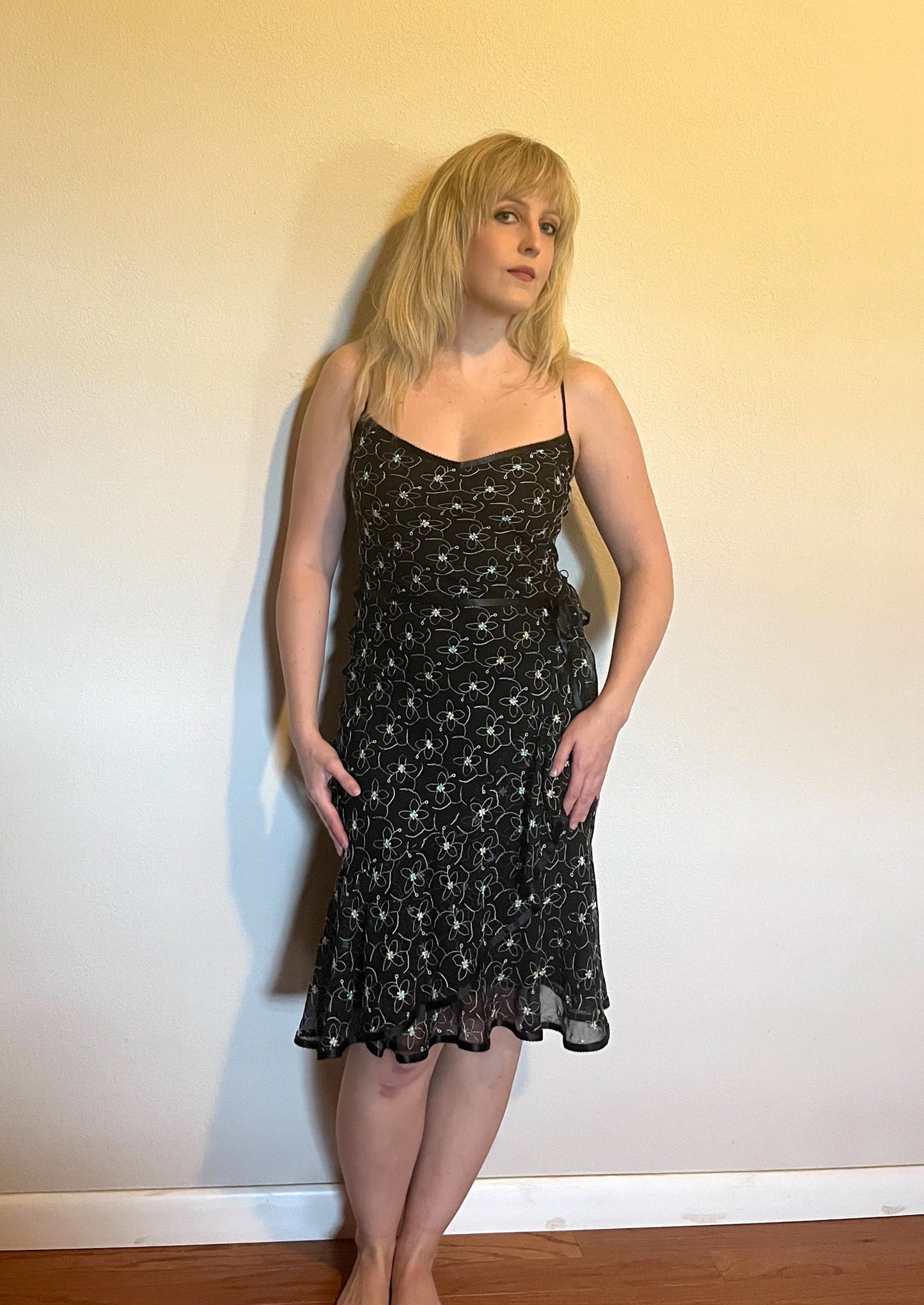 Vintage 1990's "Betsey Johnson" Rainbow Floral Black Ribbon Midi Dress