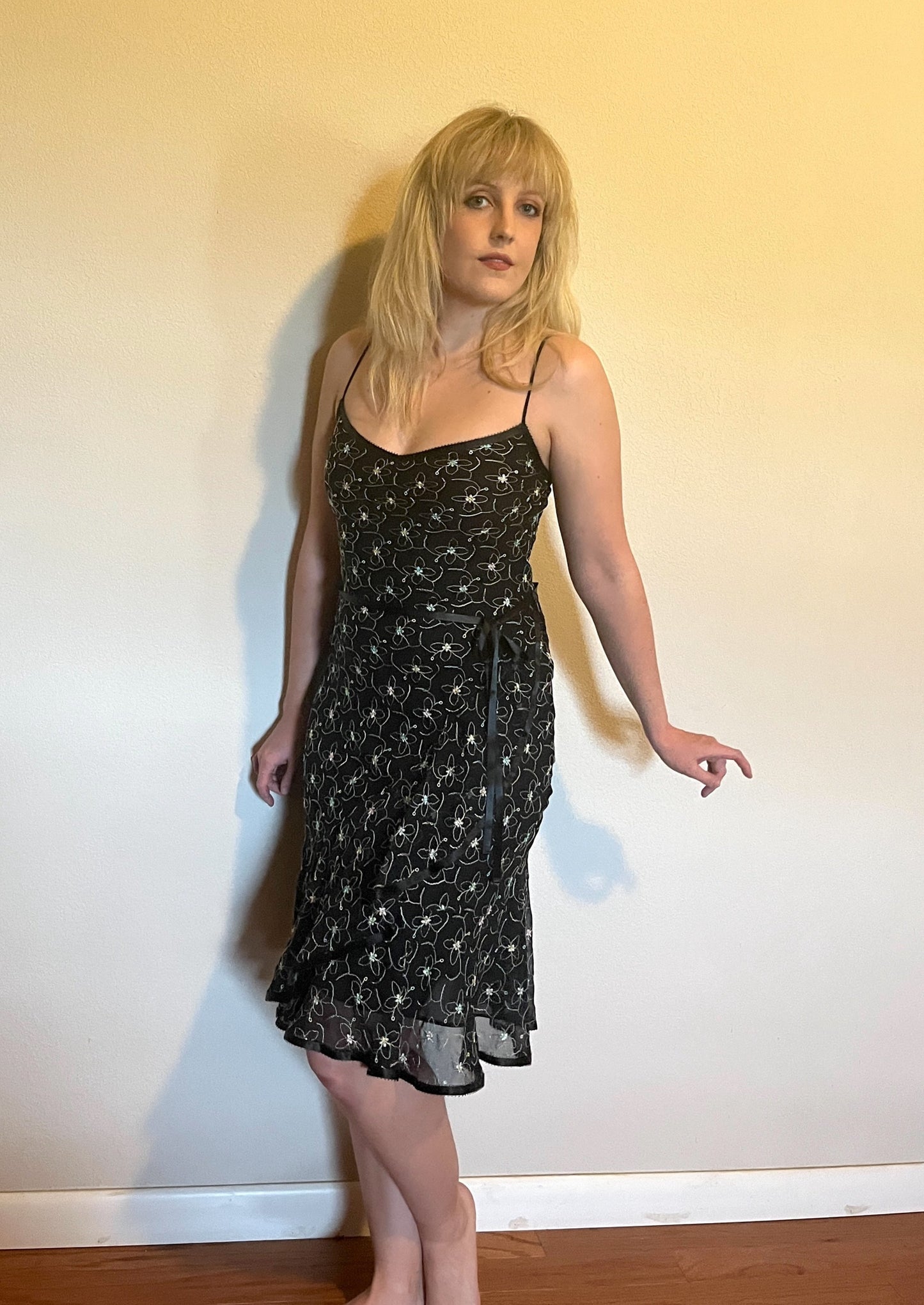 Vintage 1990's "Betsey Johnson" Rainbow Floral Black Ribbon Midi Dress