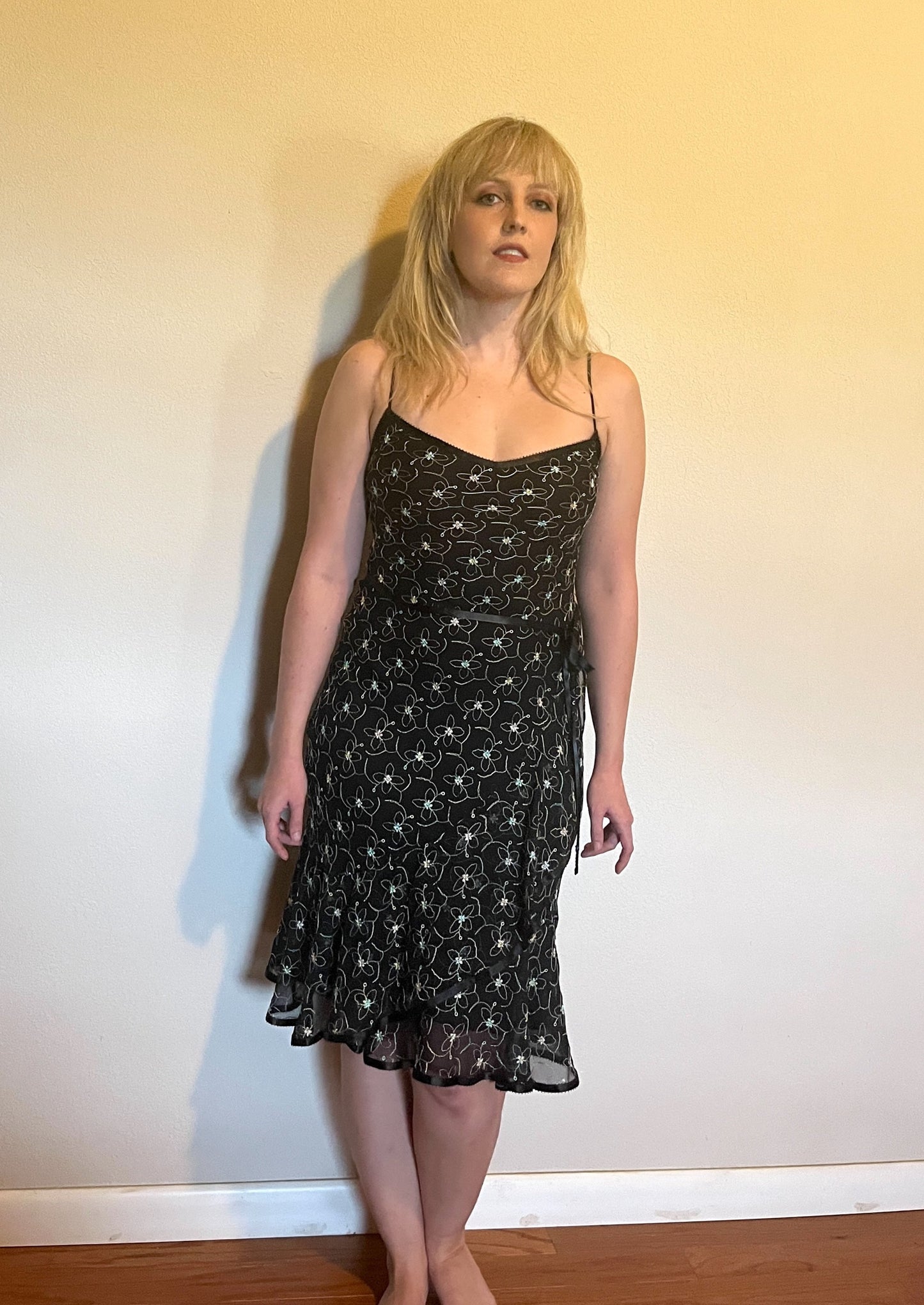 Vintage 1990's "Betsey Johnson" Rainbow Floral Black Ribbon Midi Dress