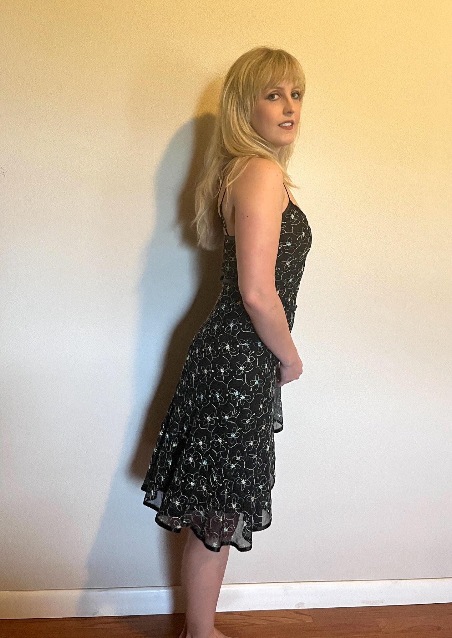 Vintage 1990's "Betsey Johnson" Rainbow Floral Black Ribbon Midi Dress