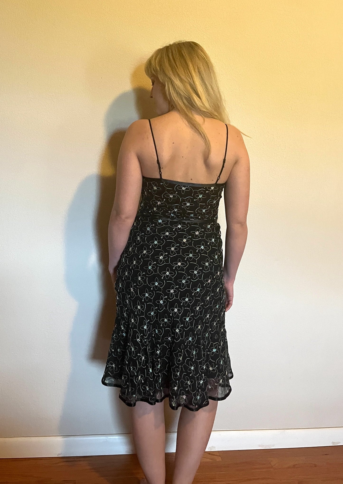Vintage 1990's "Betsey Johnson" Rainbow Floral Black Ribbon Midi Dress