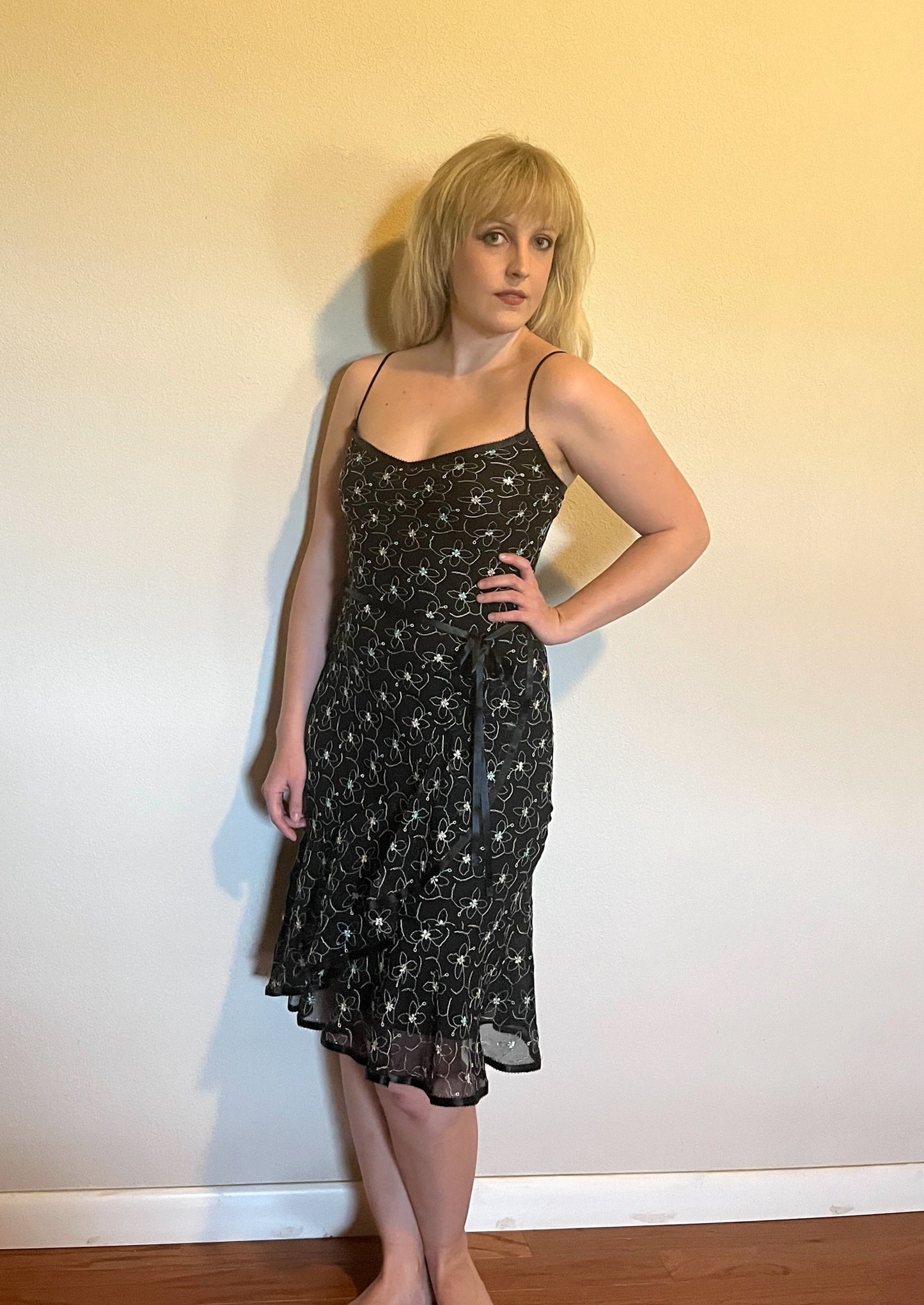 Vintage 1990's "Betsey Johnson" Rainbow Floral Black Ribbon Midi Dress