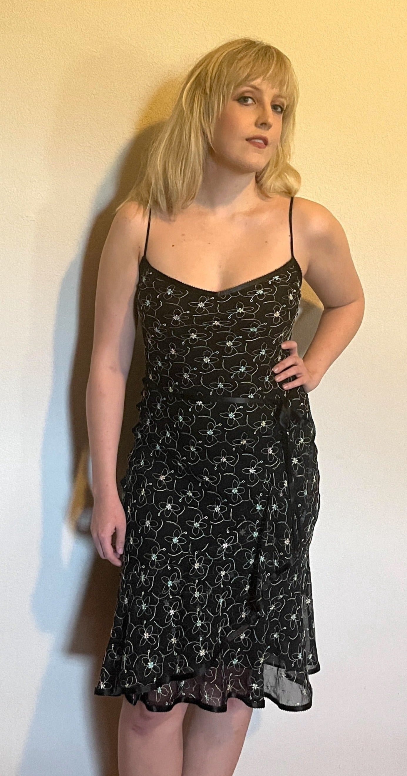 Vintage 1990's "Betsey Johnson" Rainbow Floral Black Ribbon Midi Dress Retroland Originals Vintage 1990's "Betsey Johnson" Rainbow Floral Black Ribbon Midi Dress Retroland Originals