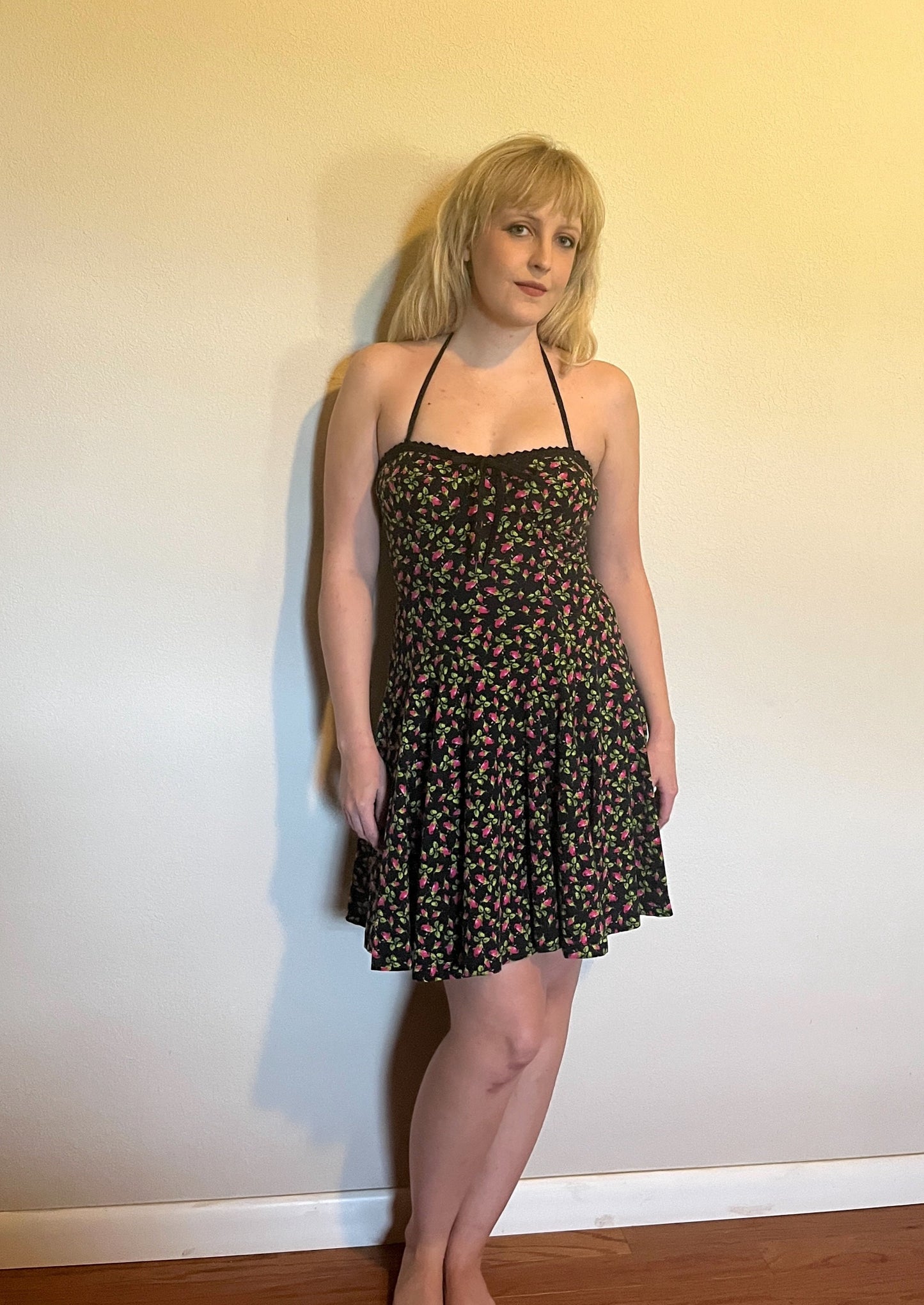 Vintage Y2K "Betsey Johnson" (Punk Label Throwback) Black & Pink Rosebud Dress