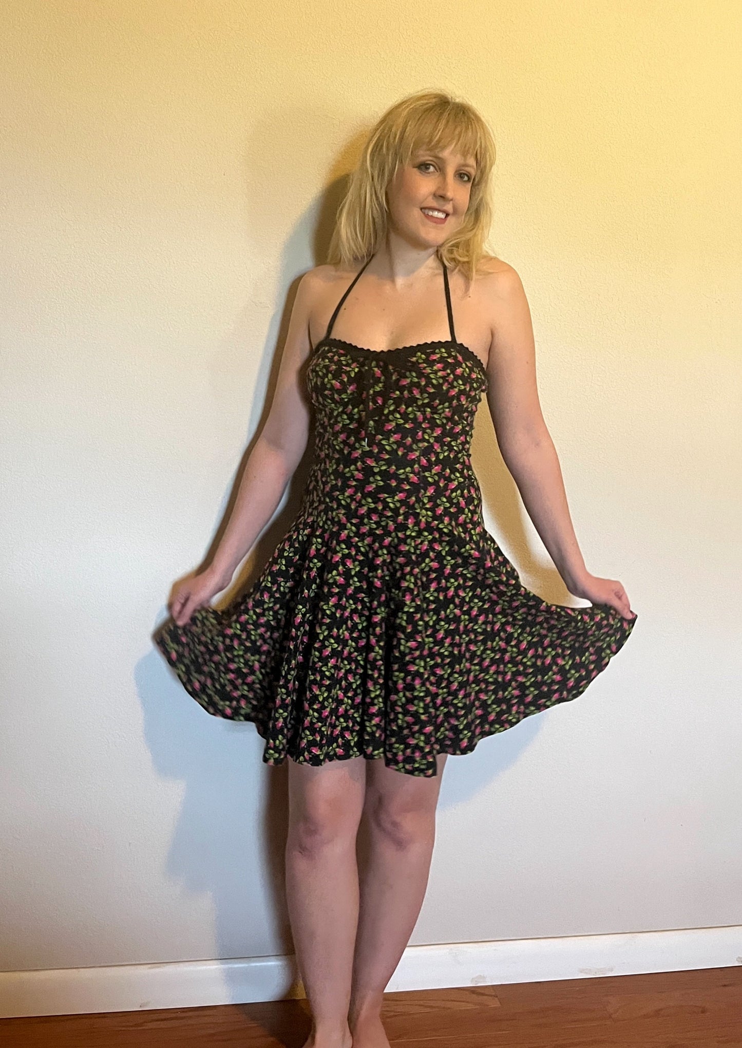 Vintage Y2K "Betsey Johnson" (Punk Label Throwback) Black & Pink Rosebud Dress