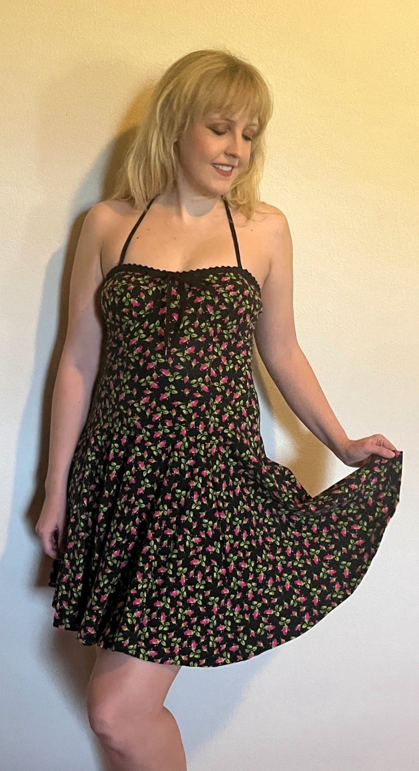 Vintage Y2K "Betsey Johnson" (Punk Label Throwback) Black & Pink Rosebud Dress