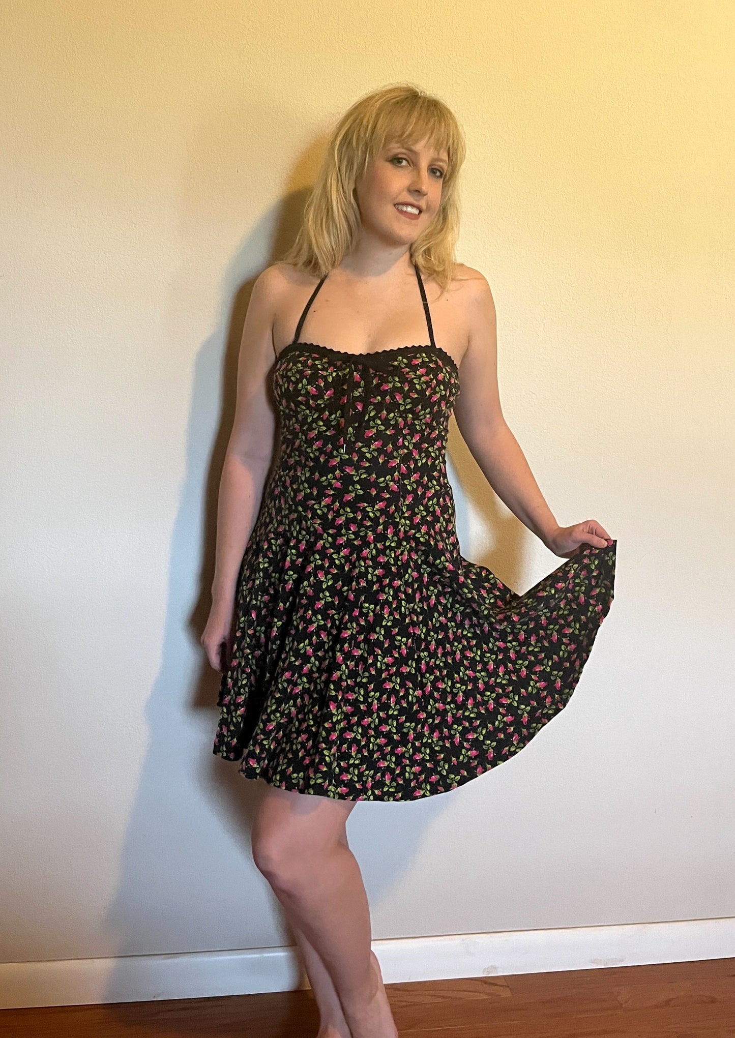 Vintage Y2K "Betsey Johnson" (Punk Label Throwback) Black & Pink Rosebud Dress