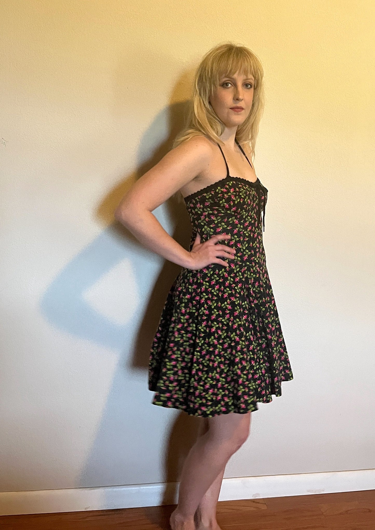 Vintage Y2K "Betsey Johnson" (Punk Label Throwback) Black & Pink Rosebud Dress