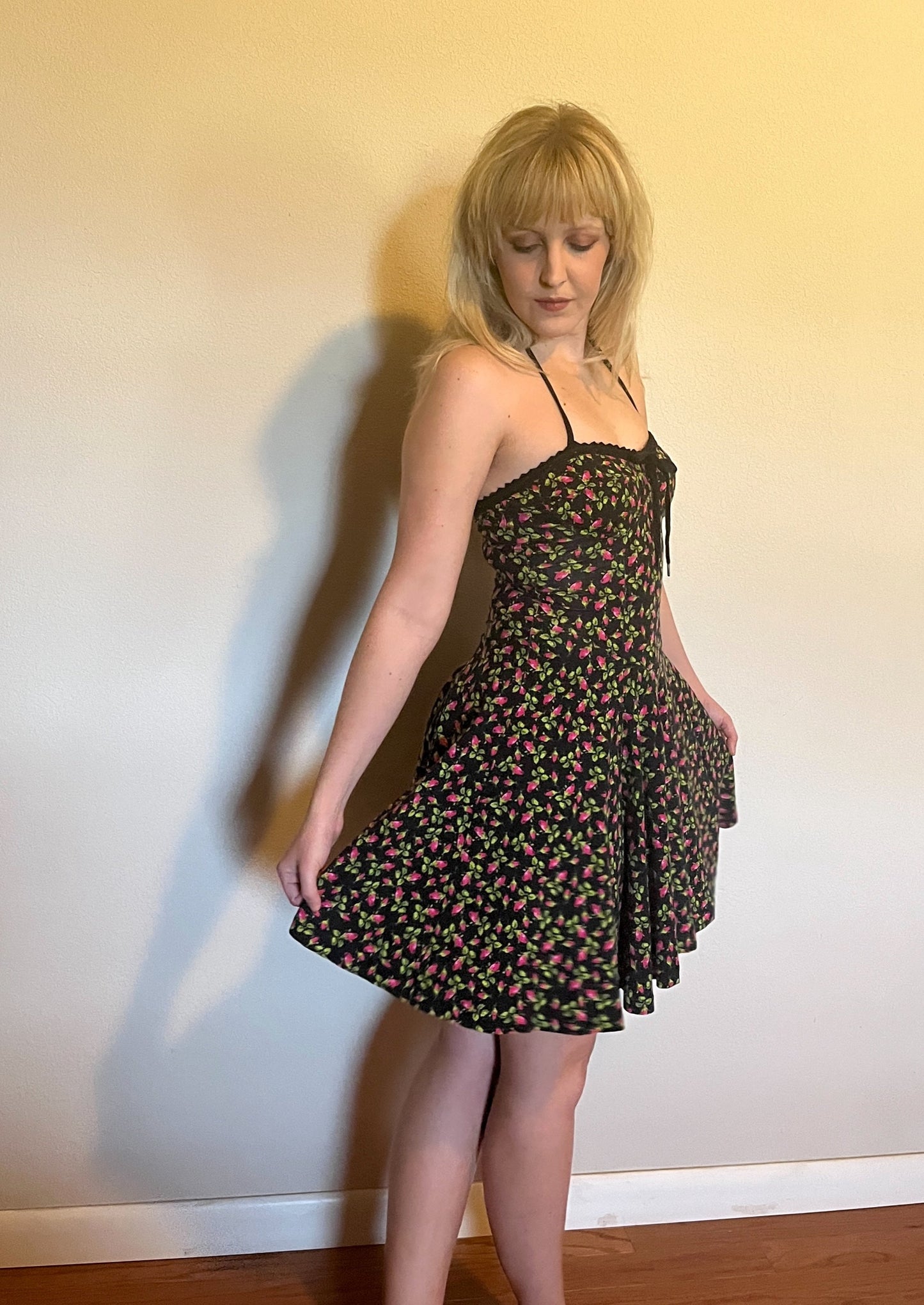 Vintage Y2K "Betsey Johnson" (Punk Label Throwback) Black & Pink Rosebud Dress