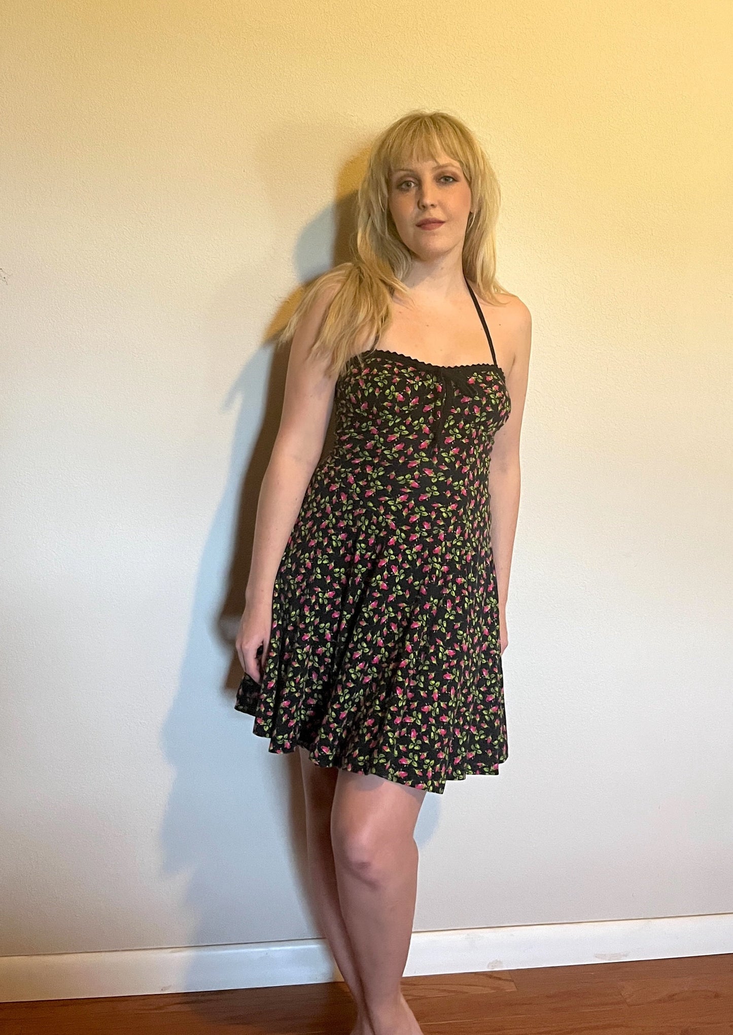 Vintage Y2K "Betsey Johnson" (Punk Label Throwback) Black & Pink Rosebud Dress