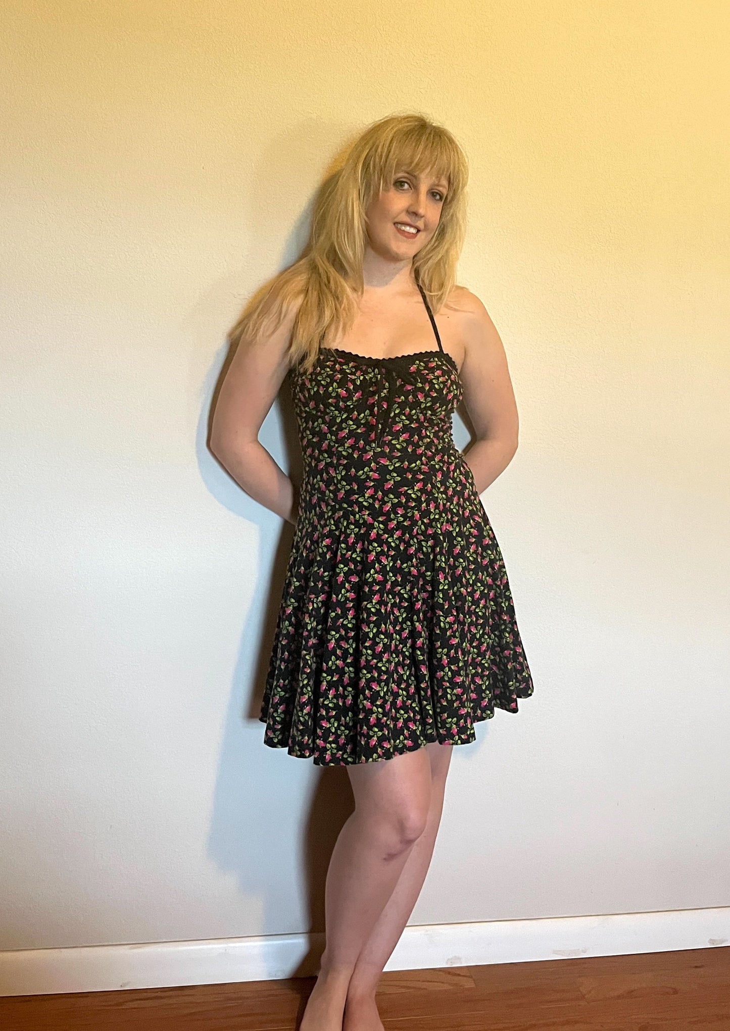 Vintage Y2K "Betsey Johnson" (Punk Label Throwback) Black & Pink Rosebud Dress